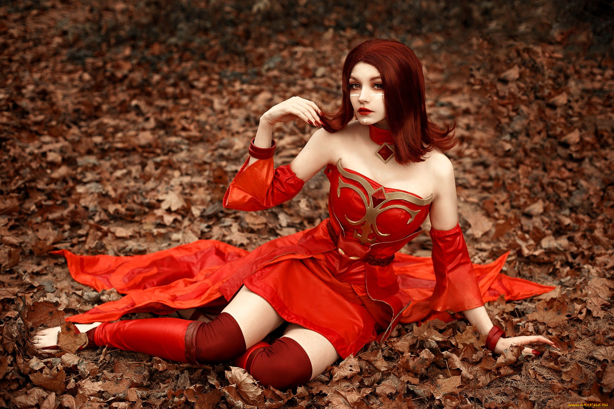 девушки, tenletters, образ, косплей, наряд, брюнетка, платье, листья, осень, лес