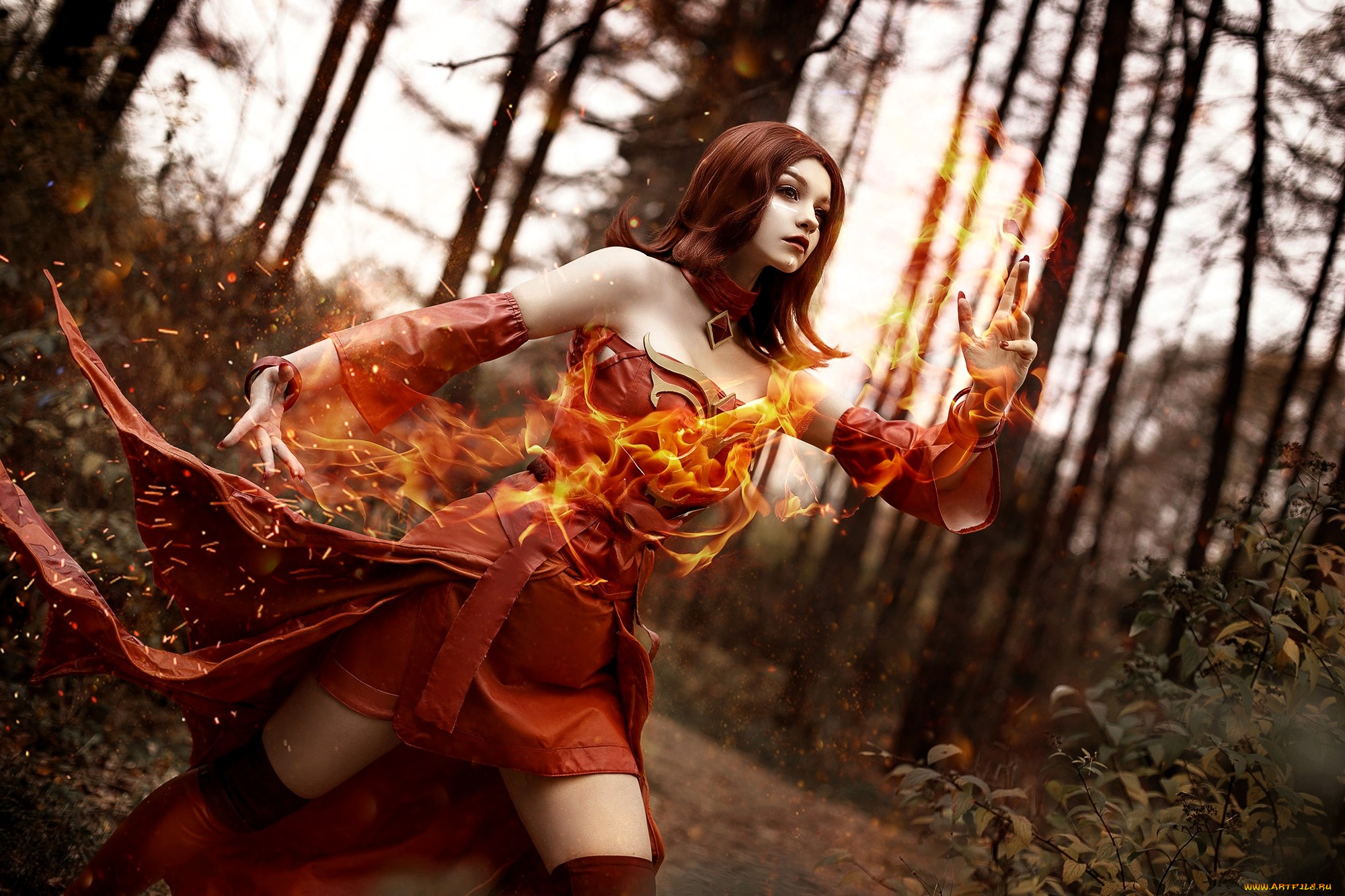 девушки, tenletters, образ, косплей, наряд, брюнетка, платье, листья, осень, лес, кусты, магия