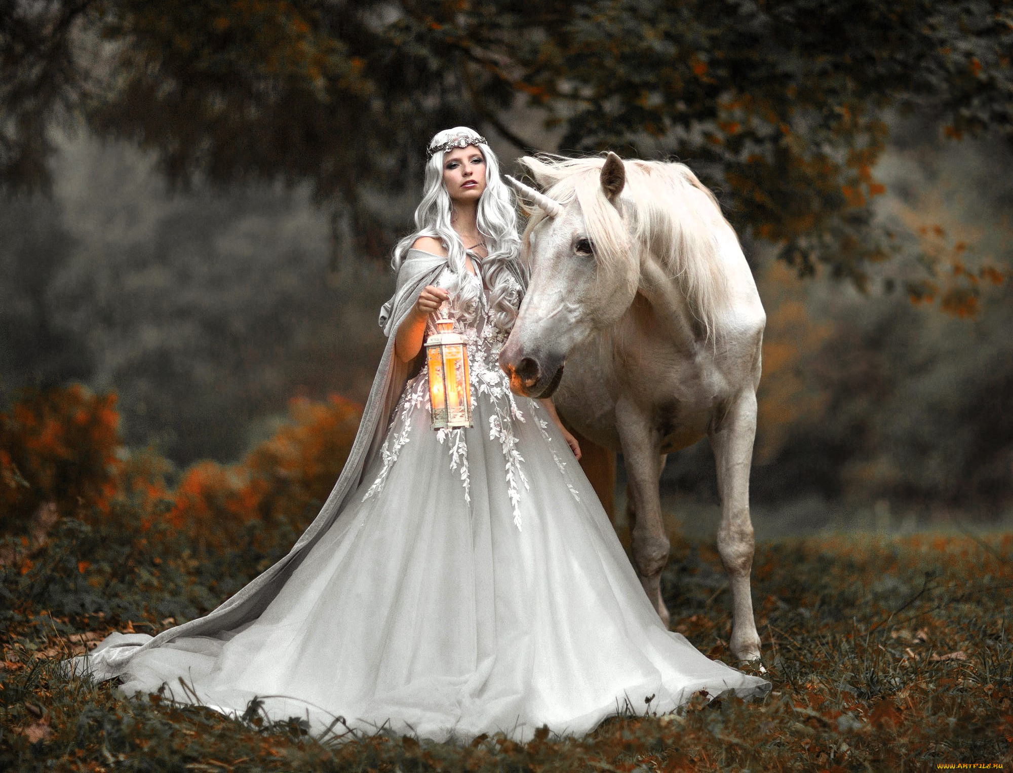 девушки, -, креатив, , косплей, образ, косплей, наряд, платье, фонарь, единорог, лес, осень