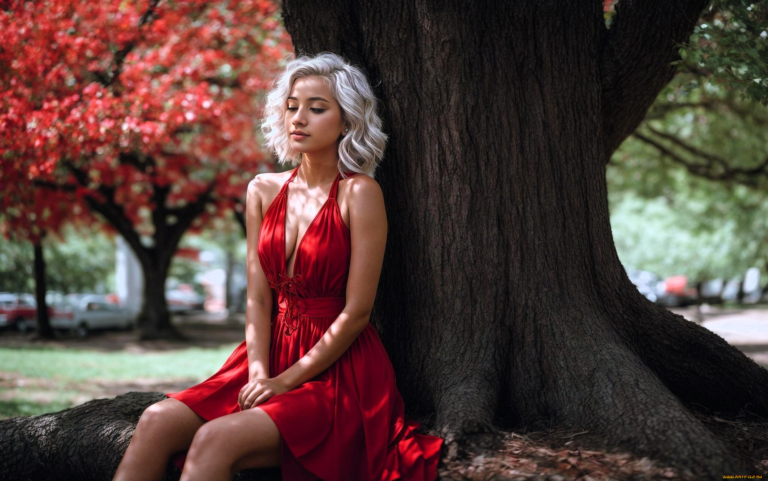 3д, графика, люди, , people, девушка, платье, деревья, листья, парк, осень