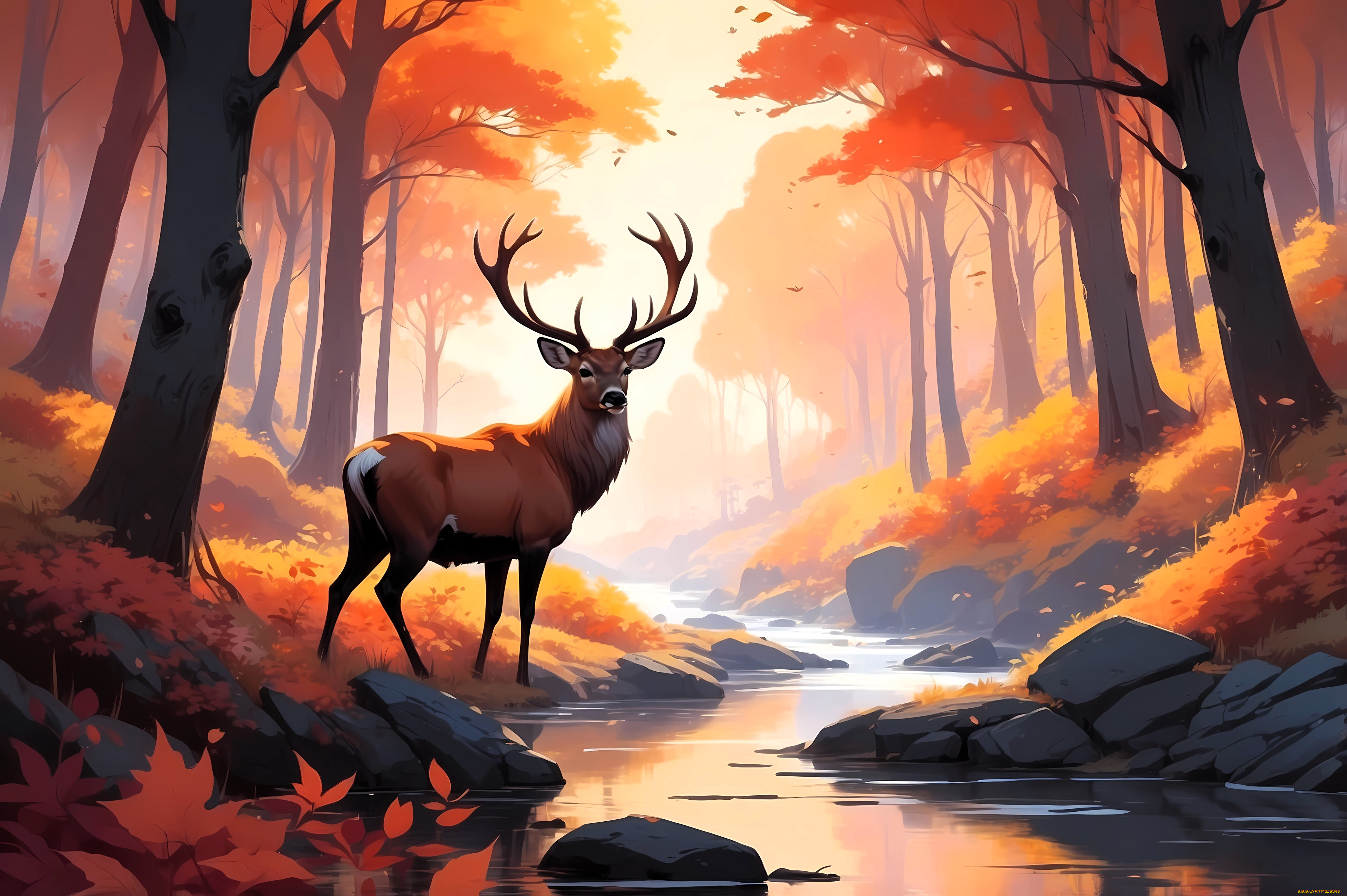 рисованное, животные, , олени, олень, лес, осень, деревья, ручей, камни