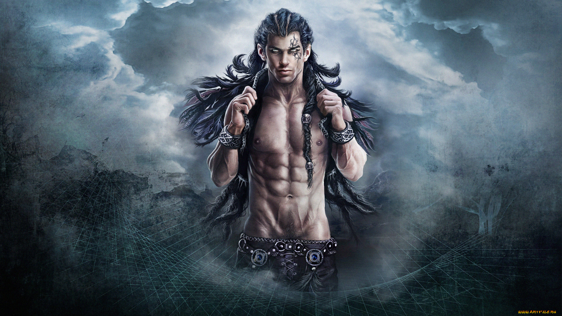 фэнтези, люди, мужчина, браслеты, волосы, тучи