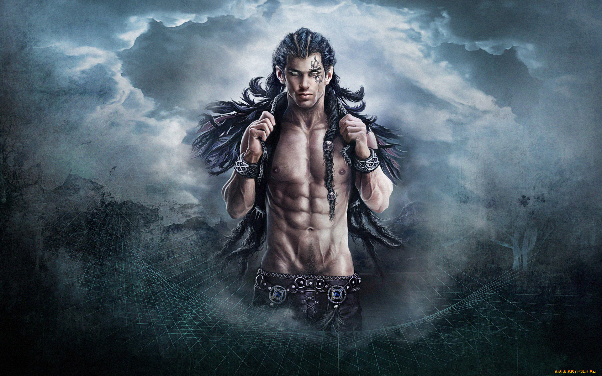 фэнтези, люди, мужчина, браслеты, волосы, тучи