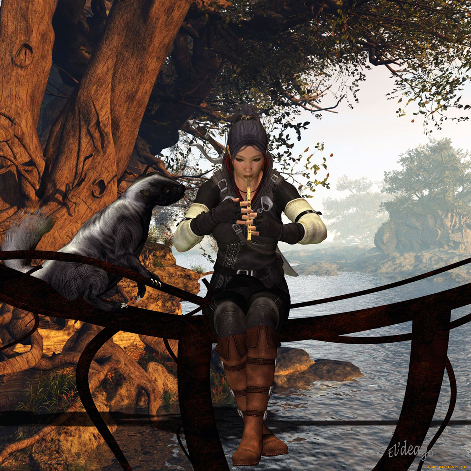 3д, графика, people, люди, зверёк, деревья, река, девушка