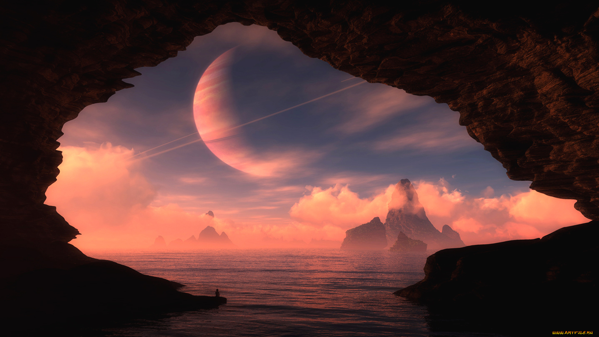 3д, графика, atmosphere, mood, атмосфера, настроения, грот, пещера, планета, человек, спутник, вода, озеро, туман, облака, закат