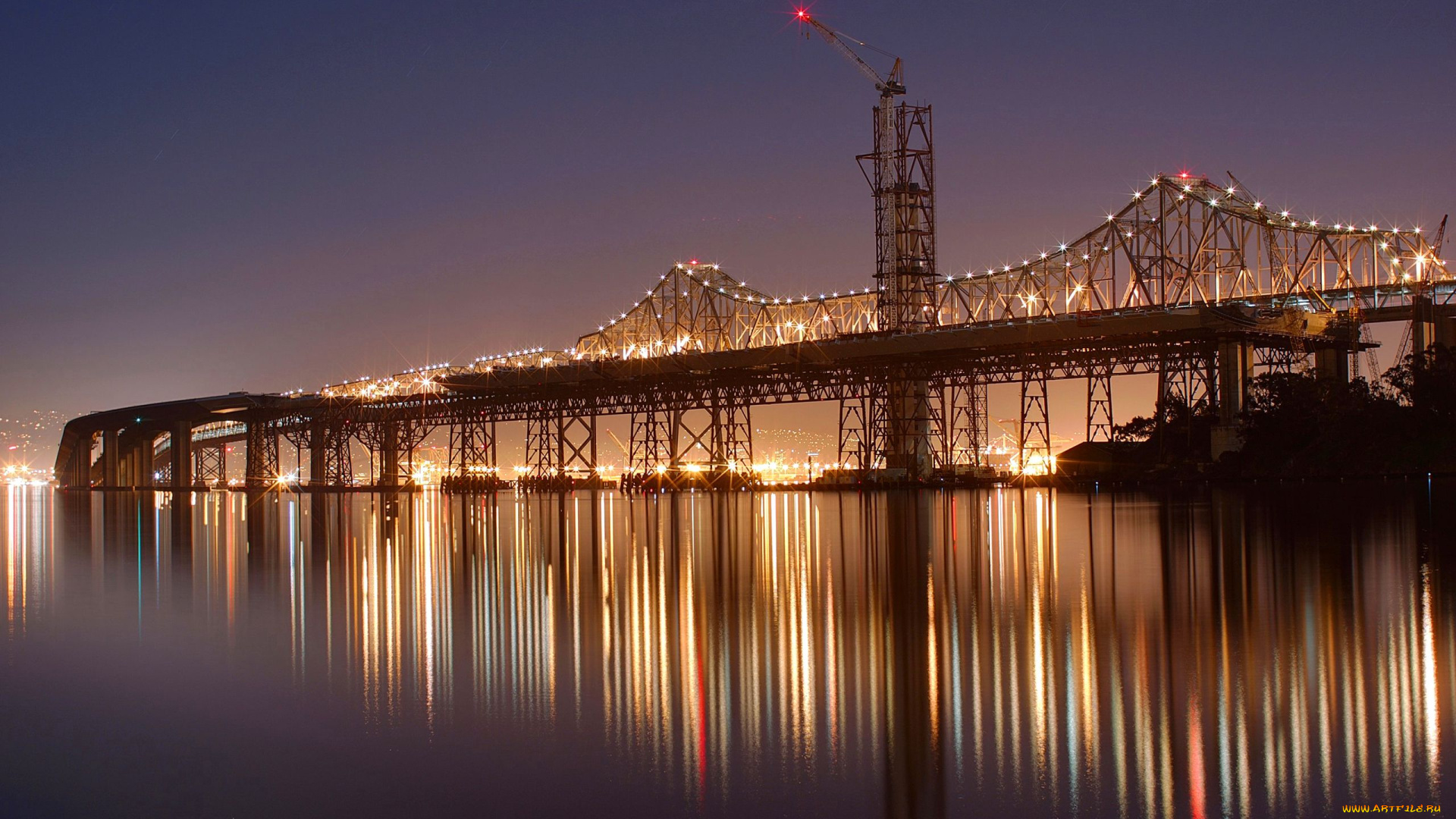 города, мосты, кран, огни