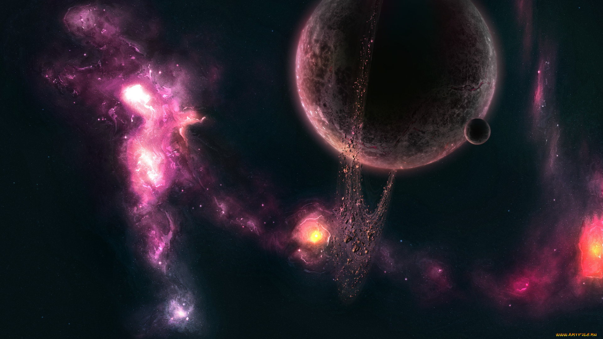 космос, арт, туманность, астероиды, луна, планета, кольца