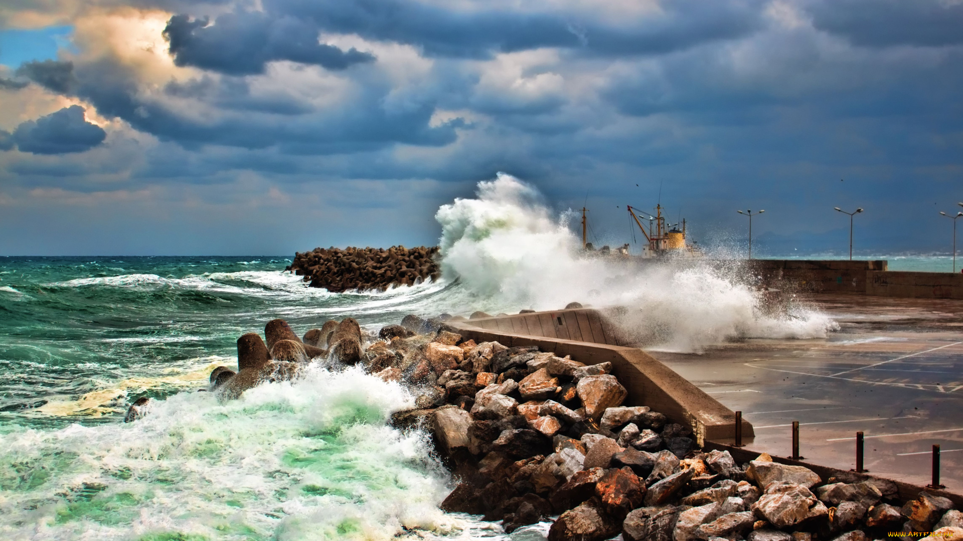 природа, побережье, камни, море, стихия, мол