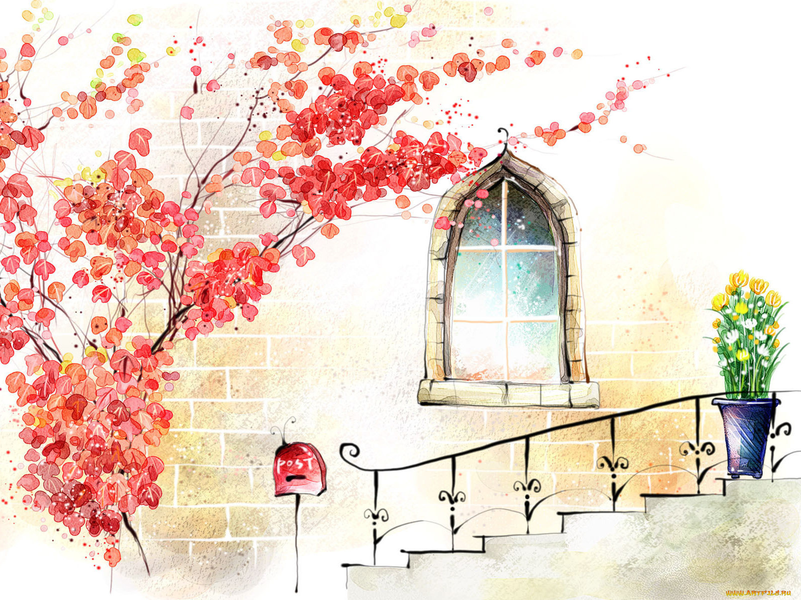 рисованные, другое, улица, дерево, окно, почтовый, ящик