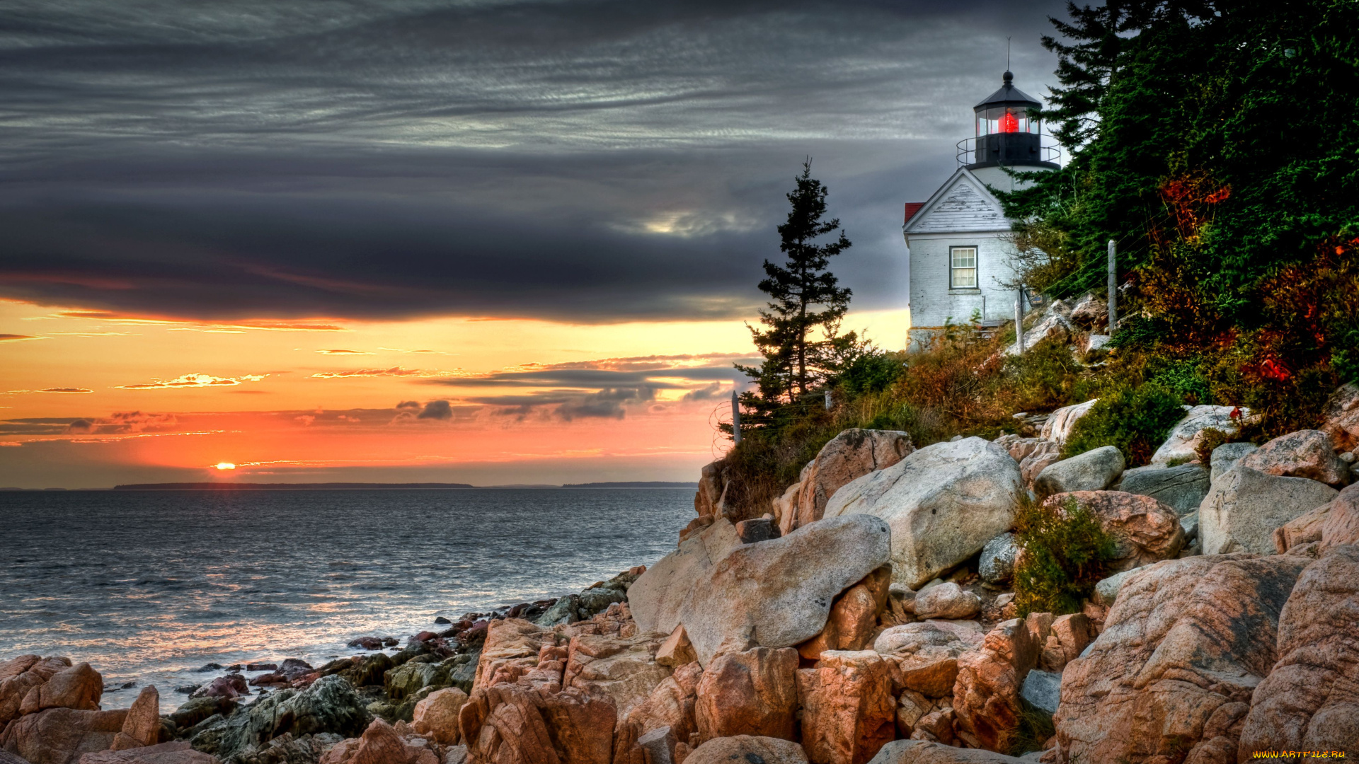 bass, harbor, head, lighthouse, природа, маяки, море, закат, камни