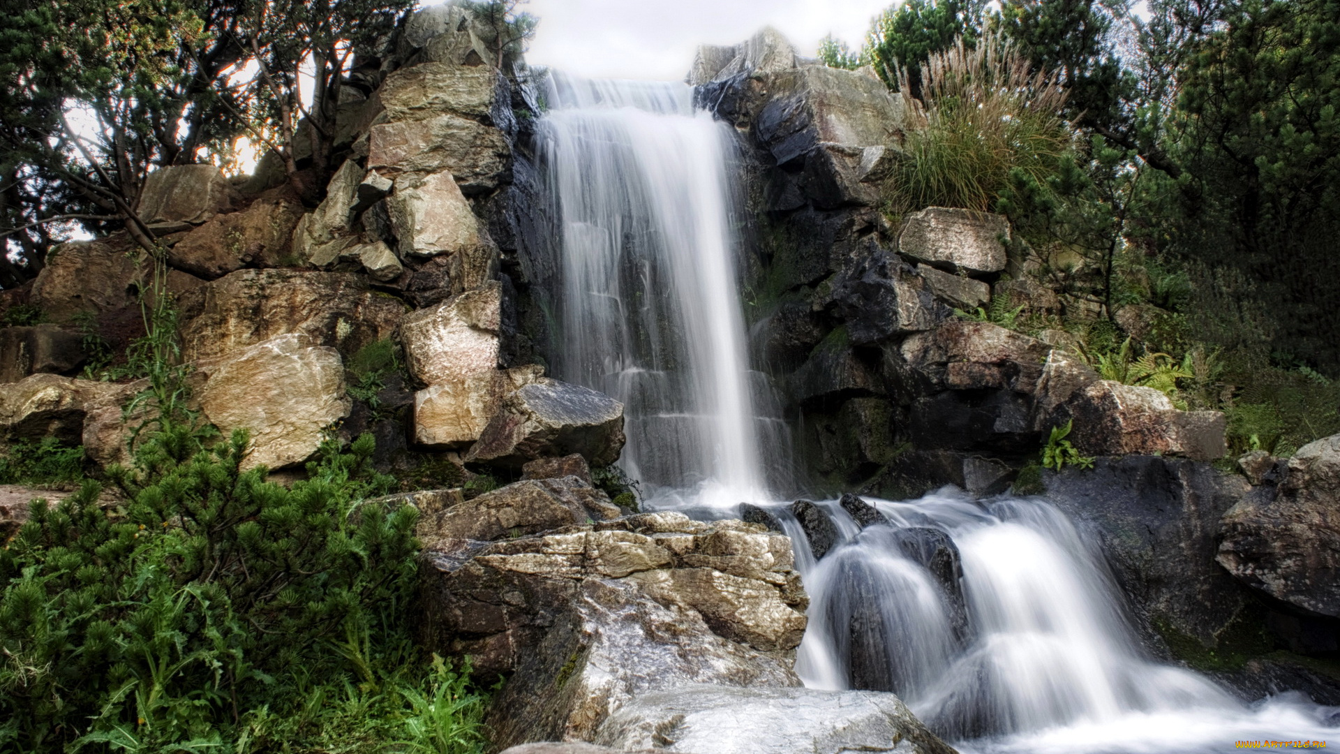 ein, wasserfall, in, grugapark, essen, германия, природа, водопады, водопад