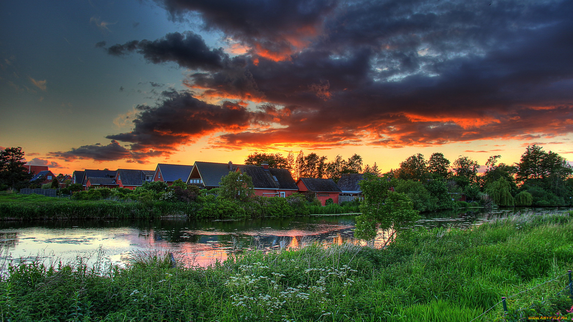 германия, шёнберг, природа, восходы, закаты, река, дома, закат
