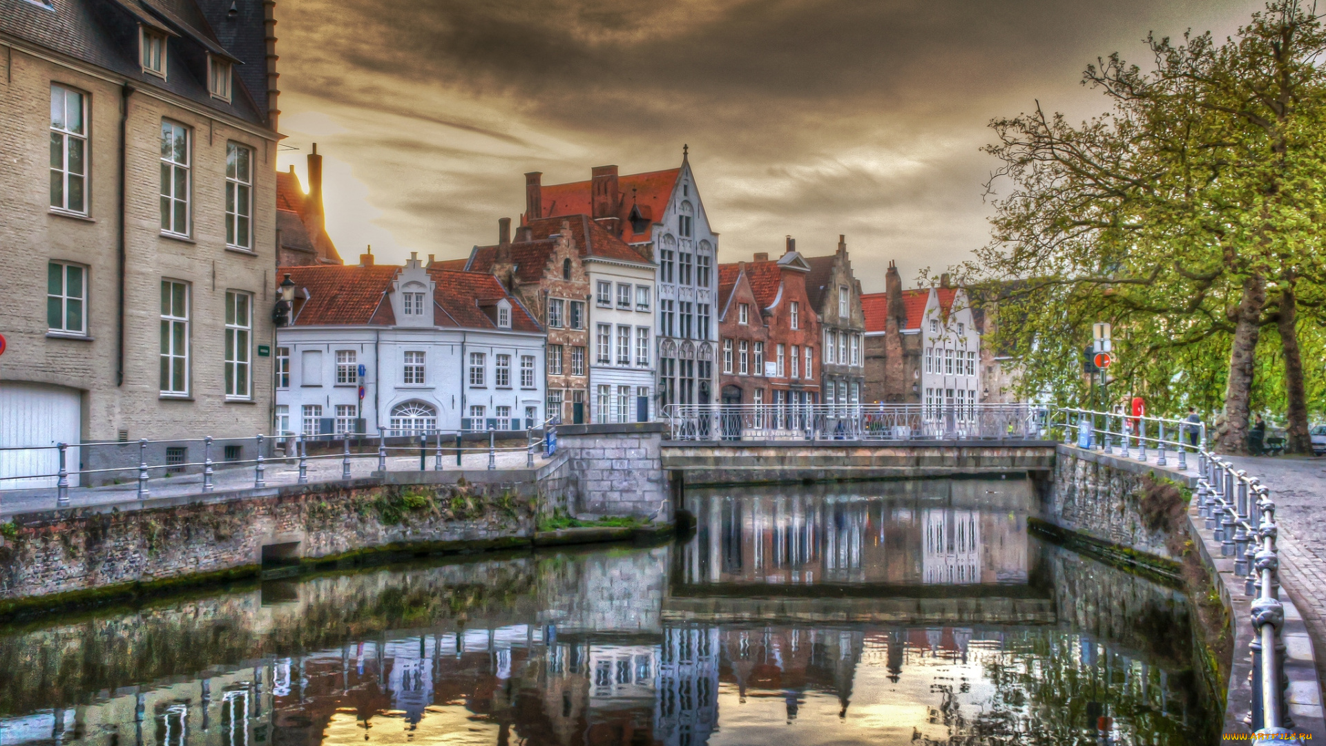 города, брюгге, бельгия, отражение, дома, вода