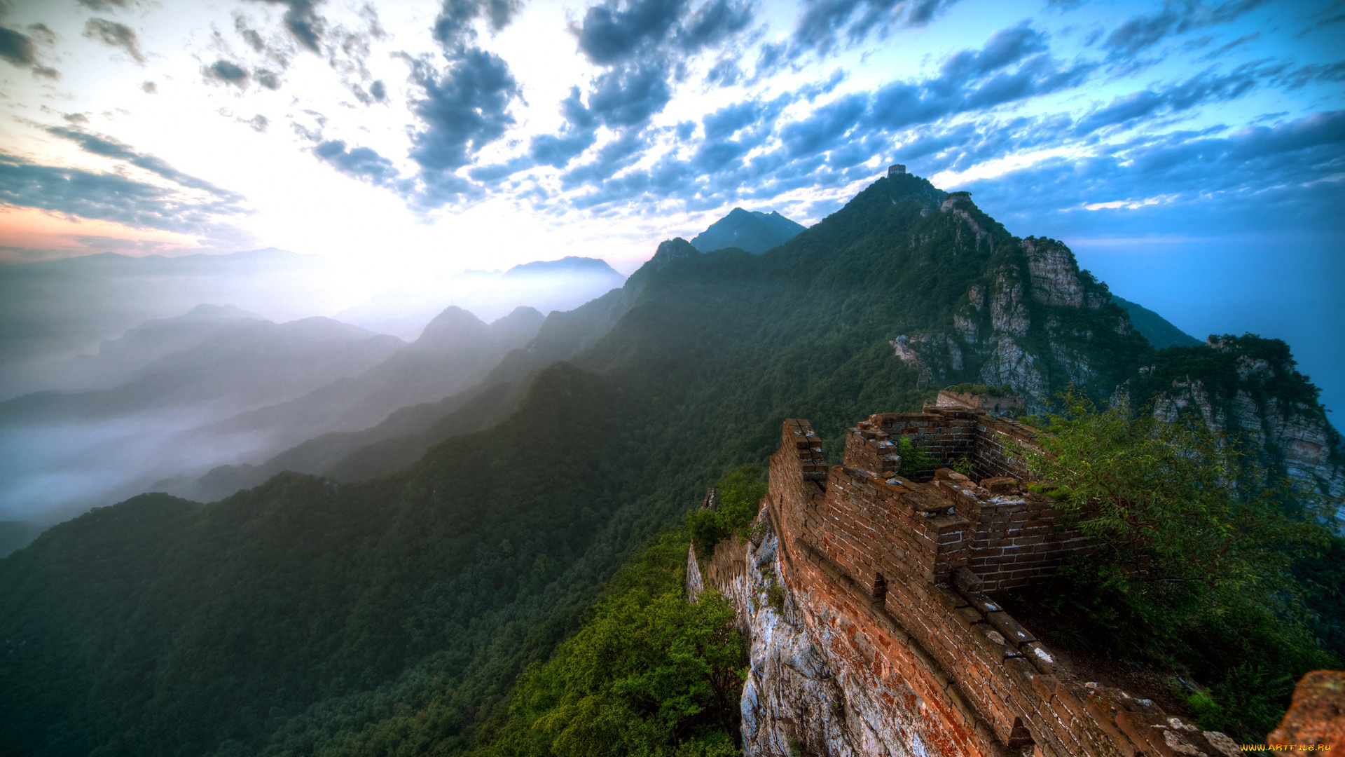 природа, горы, крепостная, стена, тучи, леса