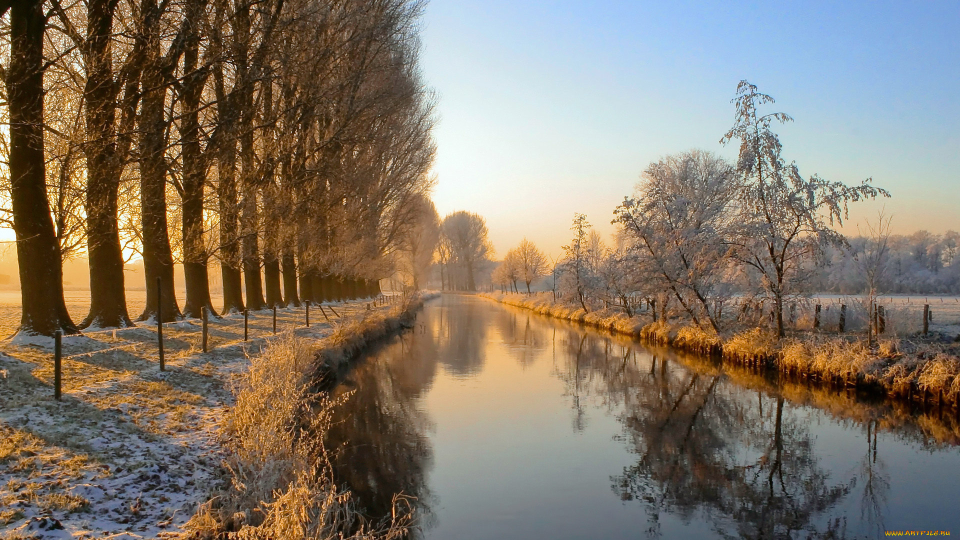 природа, реки, озера, германия, germany, niers, river, иней, мороз, река, утро