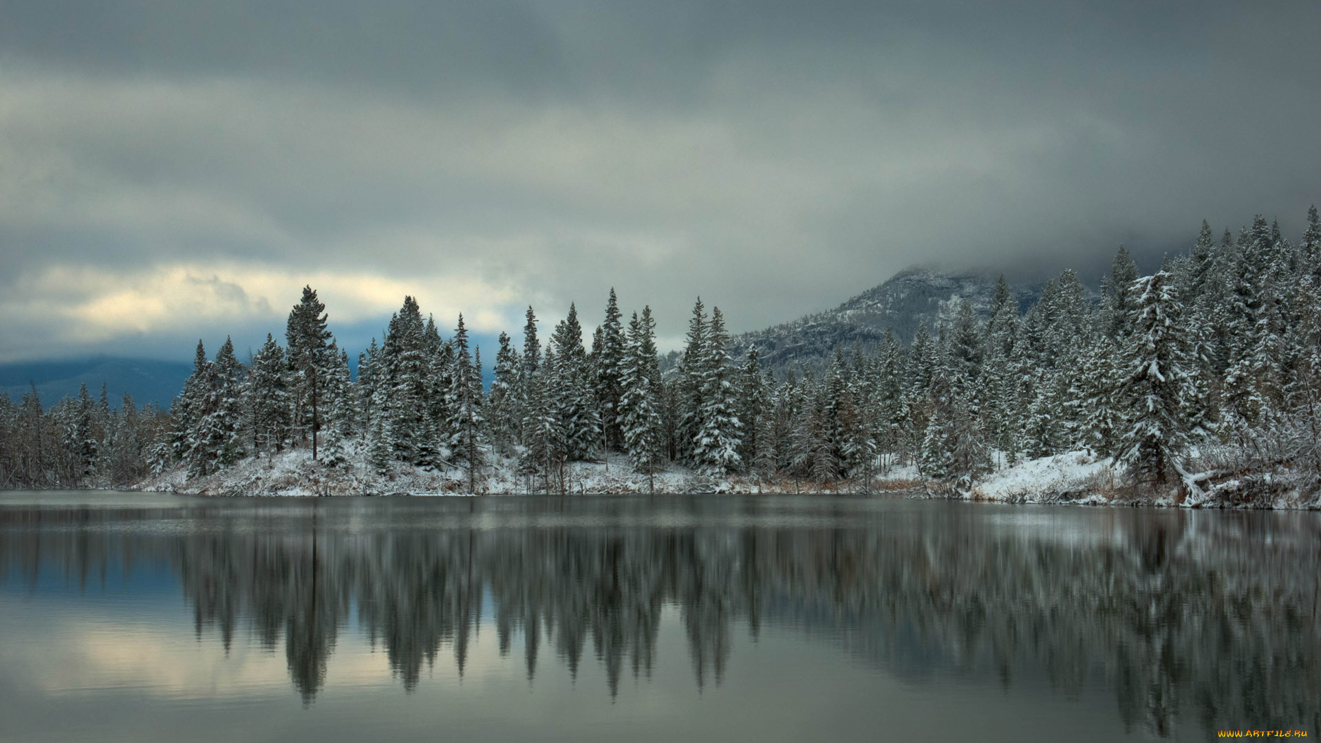 природа, реки, озера, отражение, горы, ёлки, деревья, зима, снег, озеро, лес