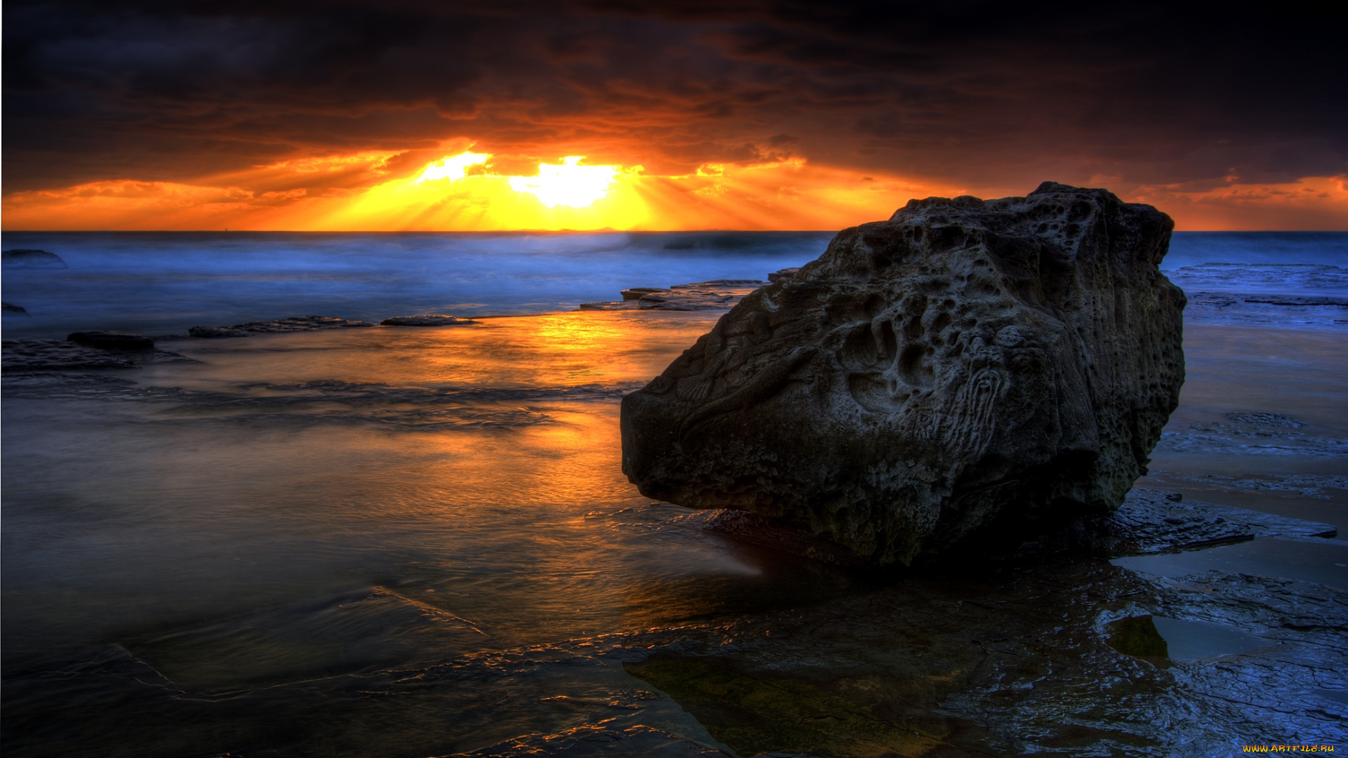 природа, восходы, закаты, пляж, тучи, валун, закат, океан
