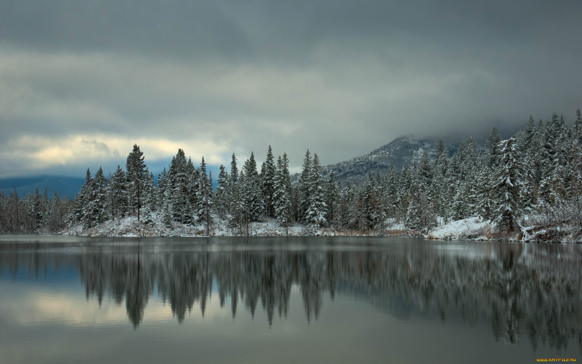 природа, реки, озера, отражение, горы, ёлки, деревья, зима, снег, озеро, лес