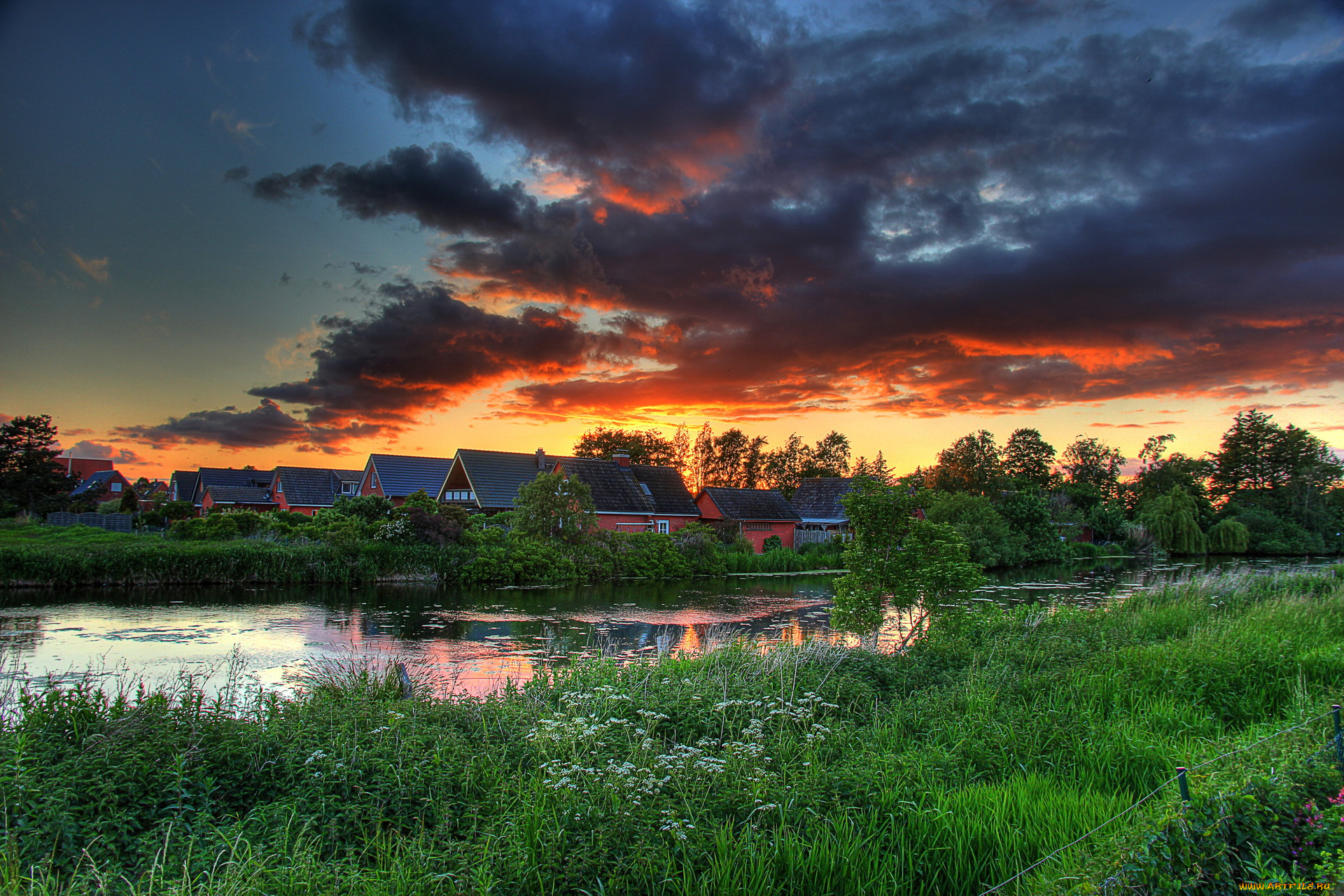германия, шёнберг, природа, восходы, закаты, река, дома, закат