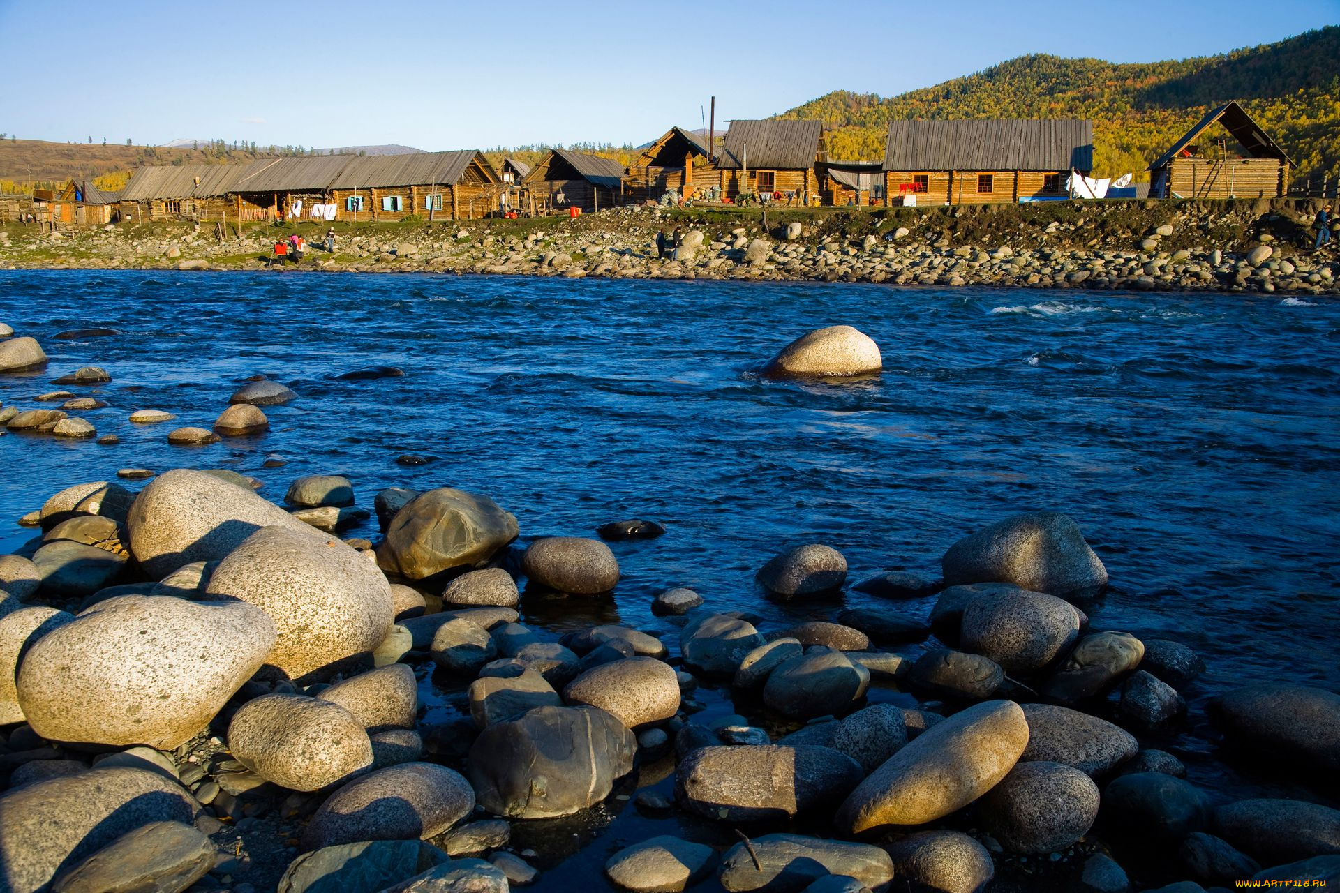 природа, реки, озера, дома, камни, река