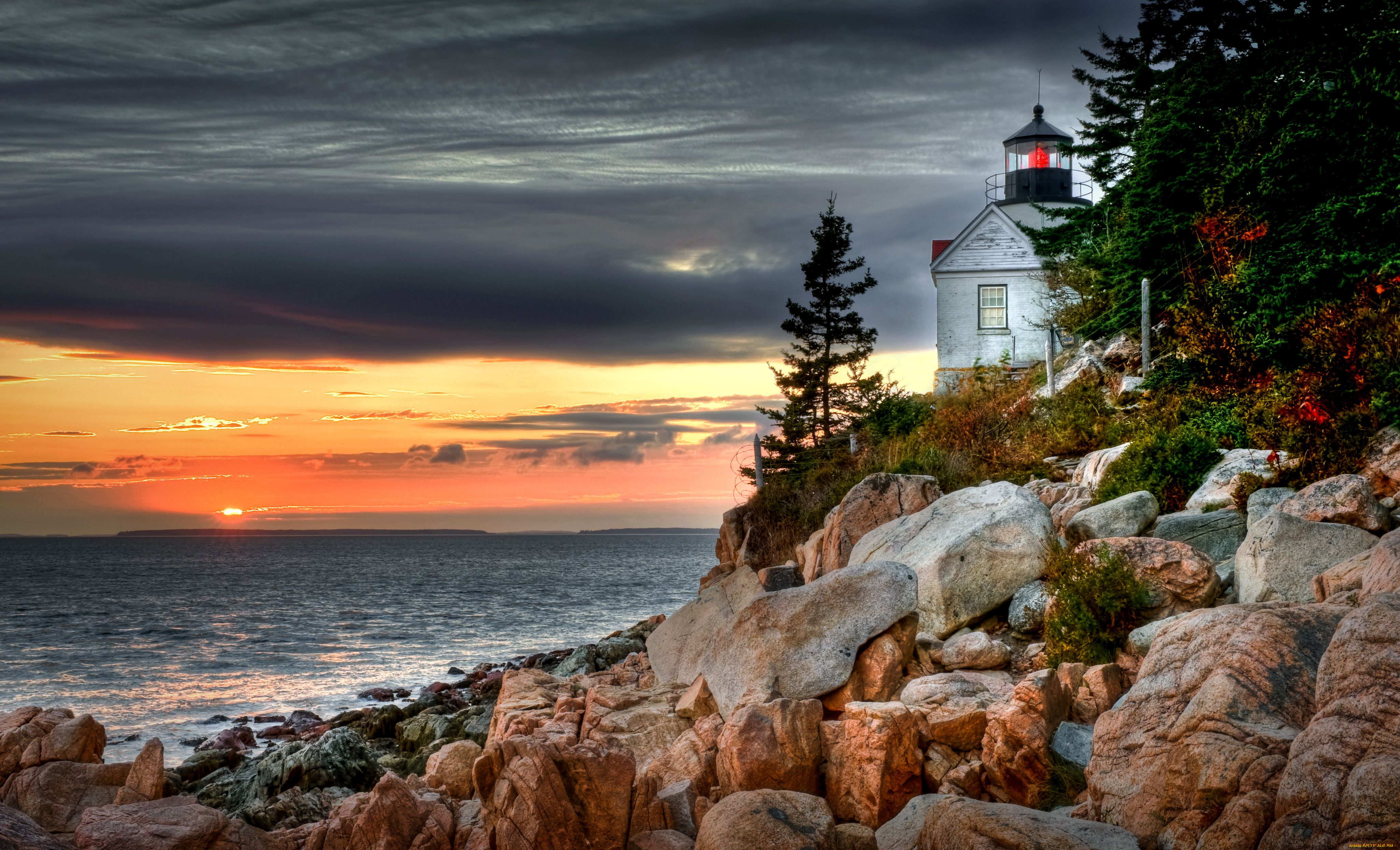 bass, harbor, head, lighthouse, природа, маяки, море, закат, камни