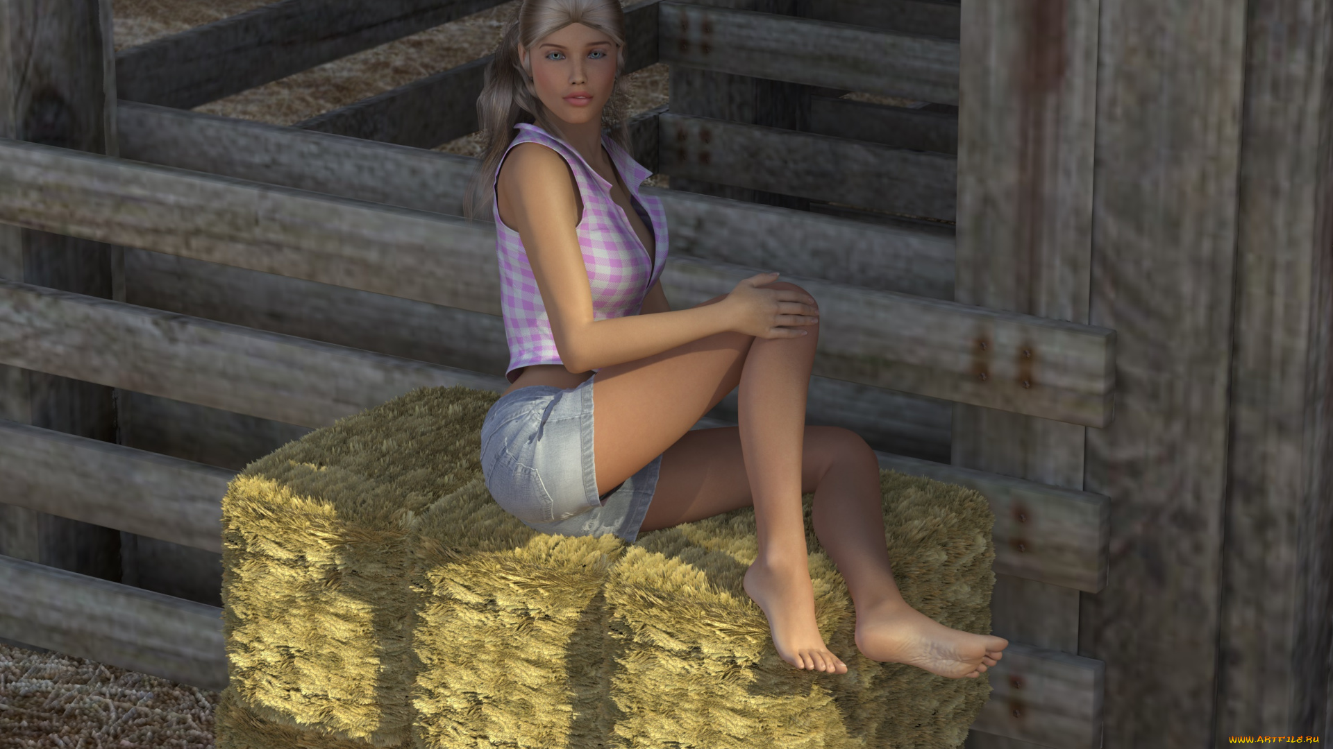 3д, графика, people, люди, девушка, взгляд, сено