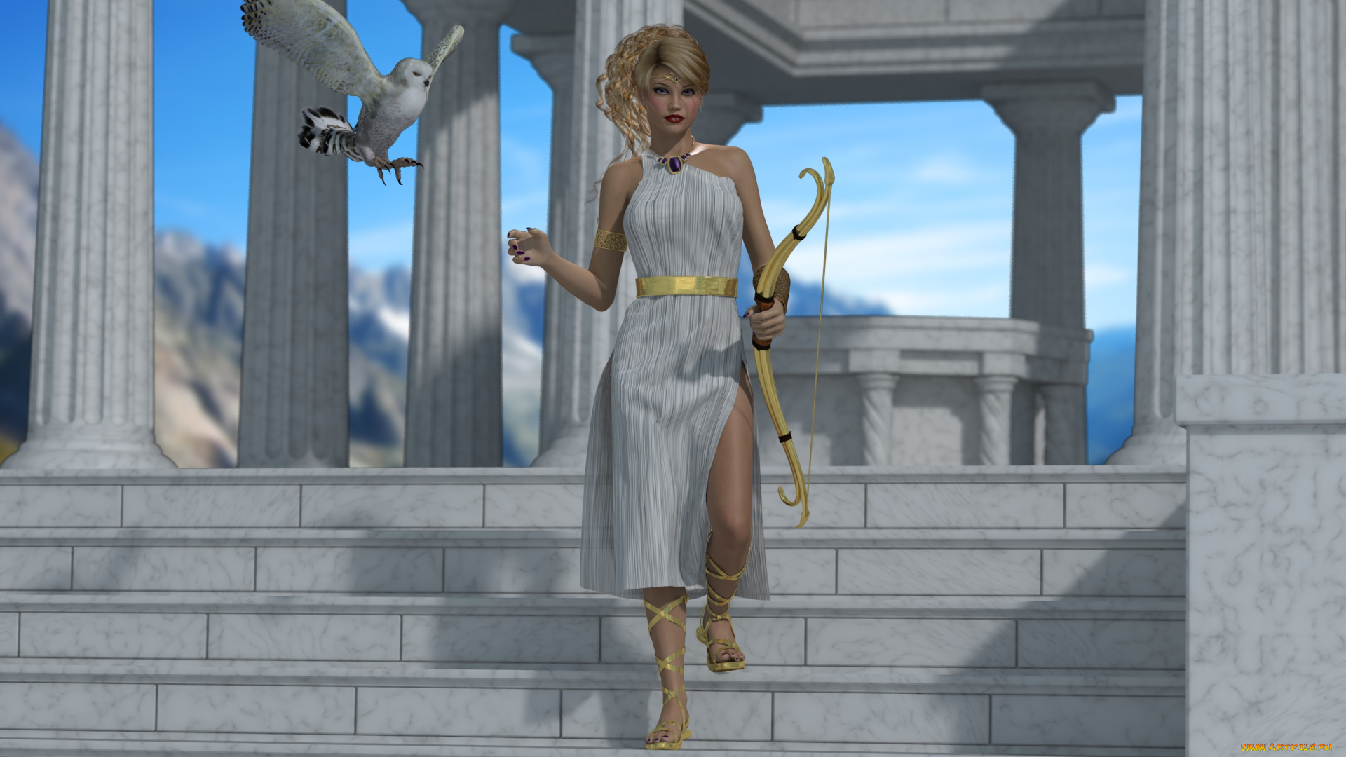 3д, графика, people, люди, лесница, девушка, лук, сова