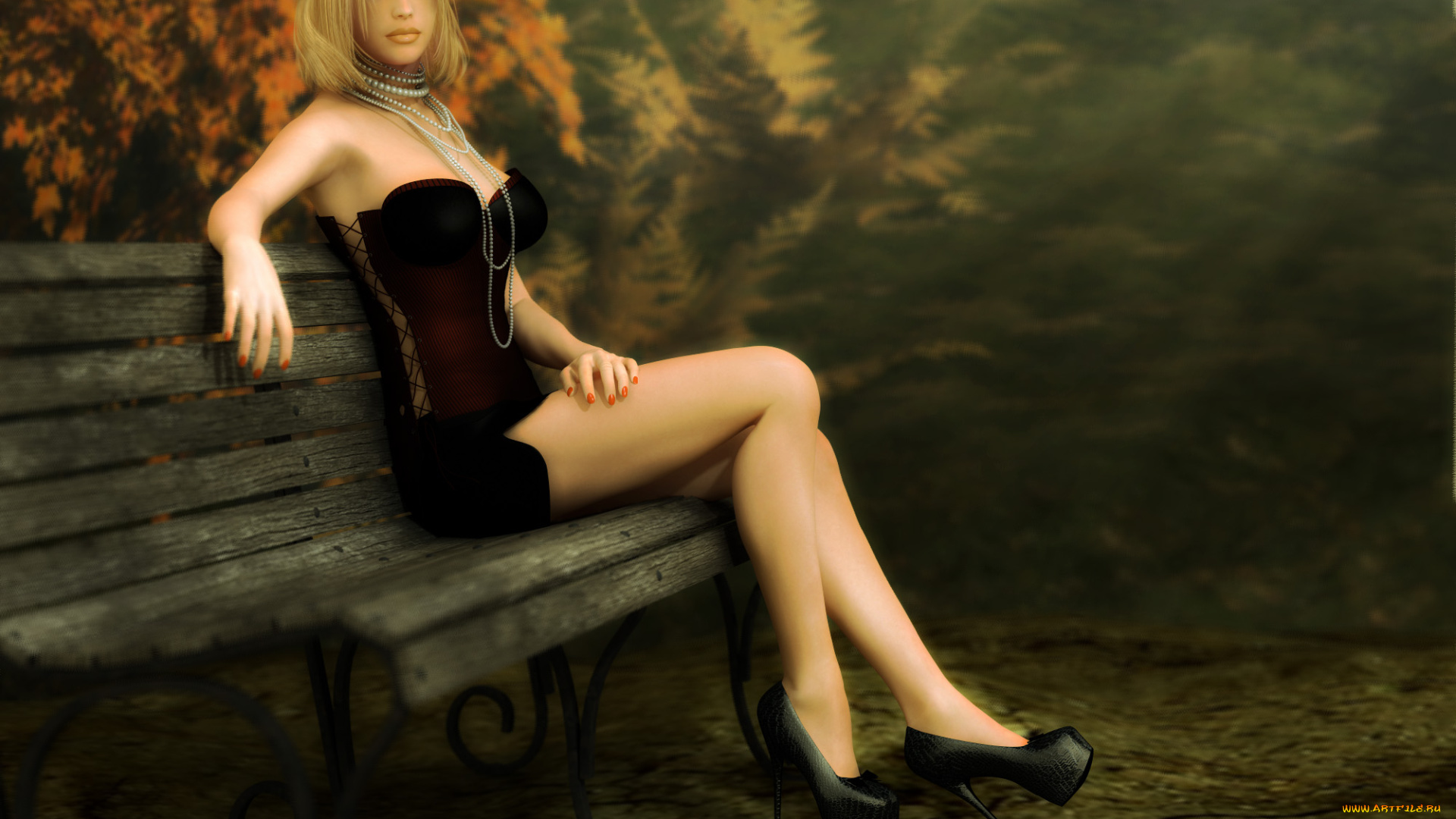 3д, графика, people, люди, скамейка, взгляд, парк, девушка