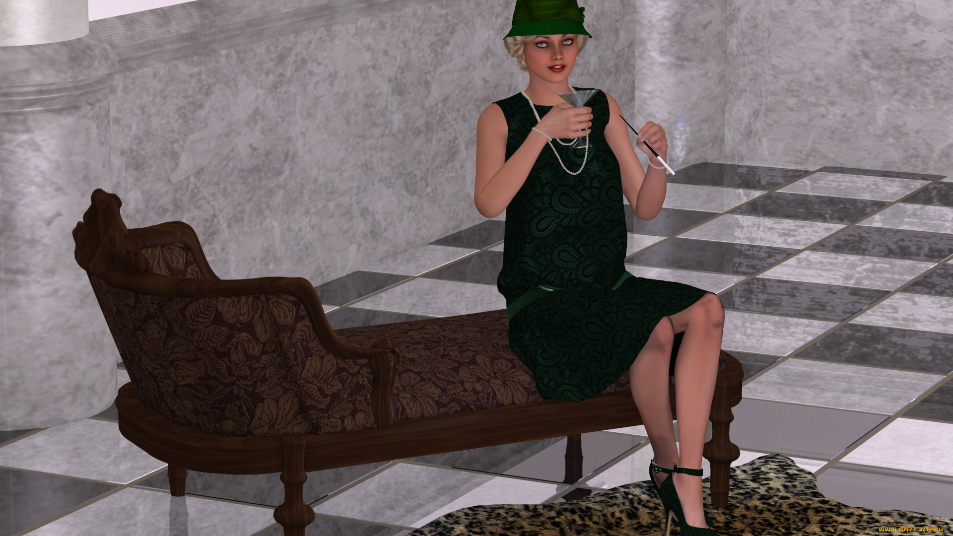 3д, графика, people, люди, взгляд, девушка, сигарета, коктейль, диван