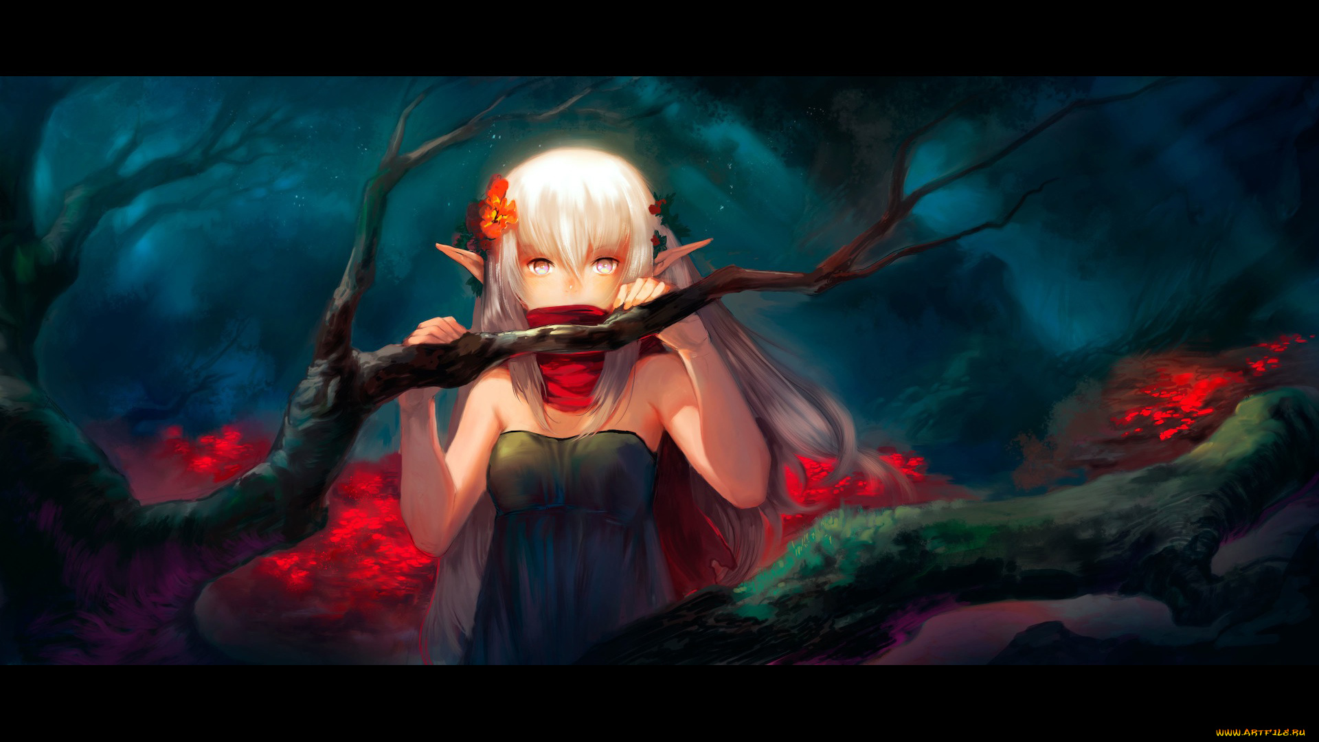 by, asuka111, аниме, *unknown, другое, ночь, ветка, шарф, лес, платье, девушка, эльф, цветы, деревья