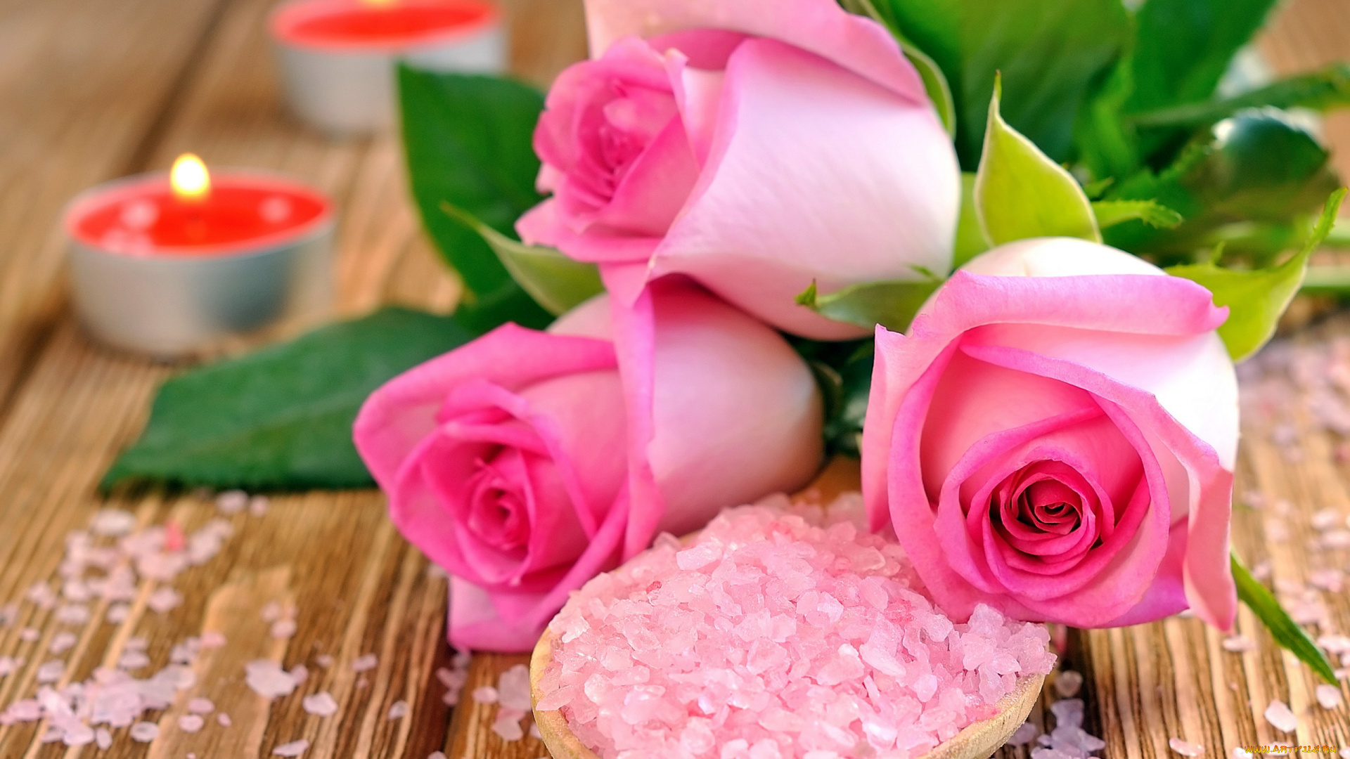 цветы, розы, соль, свечи, розовый