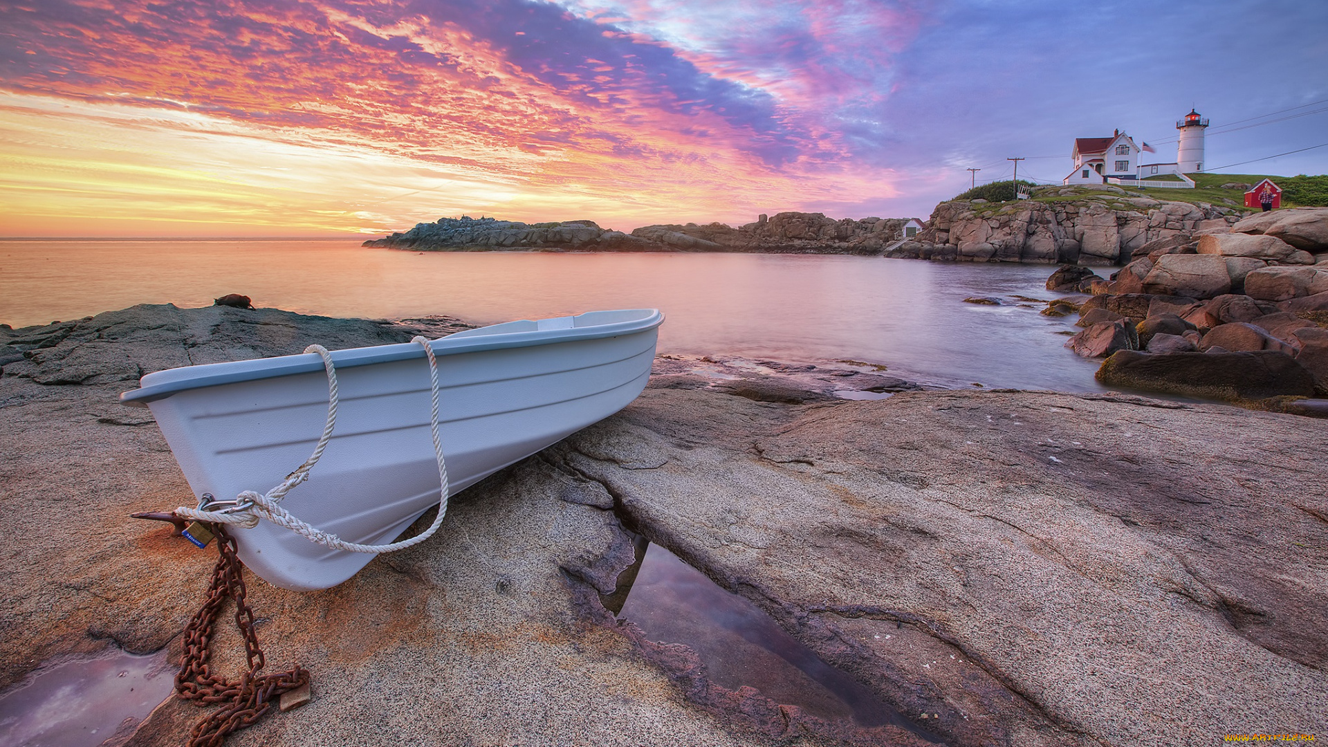 корабли, лодки, шлюпки, зарево, камни, лодка, маяк, тучи, океан, бухта