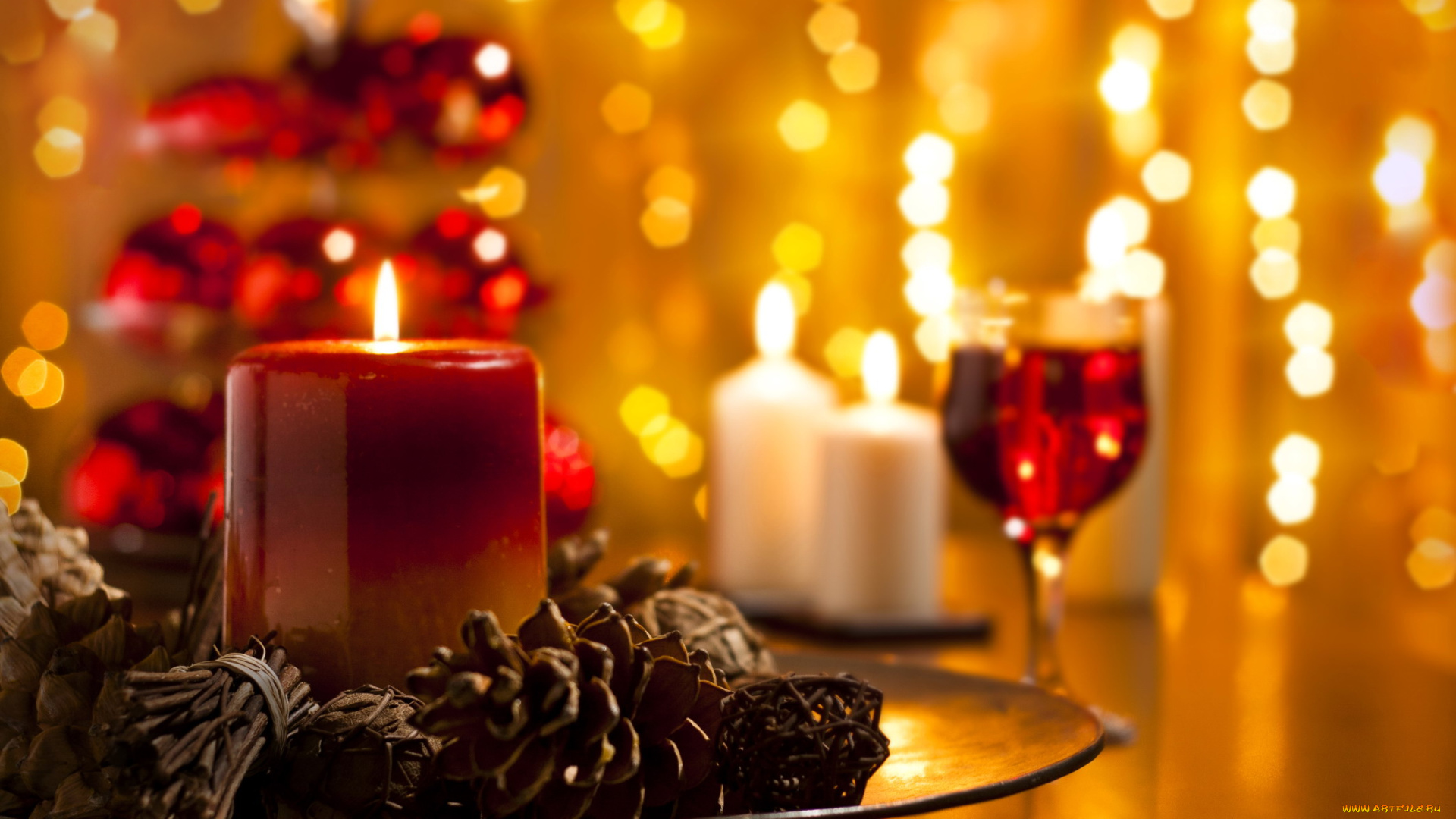 праздничные, новогодние, свечи, свеча, шишки