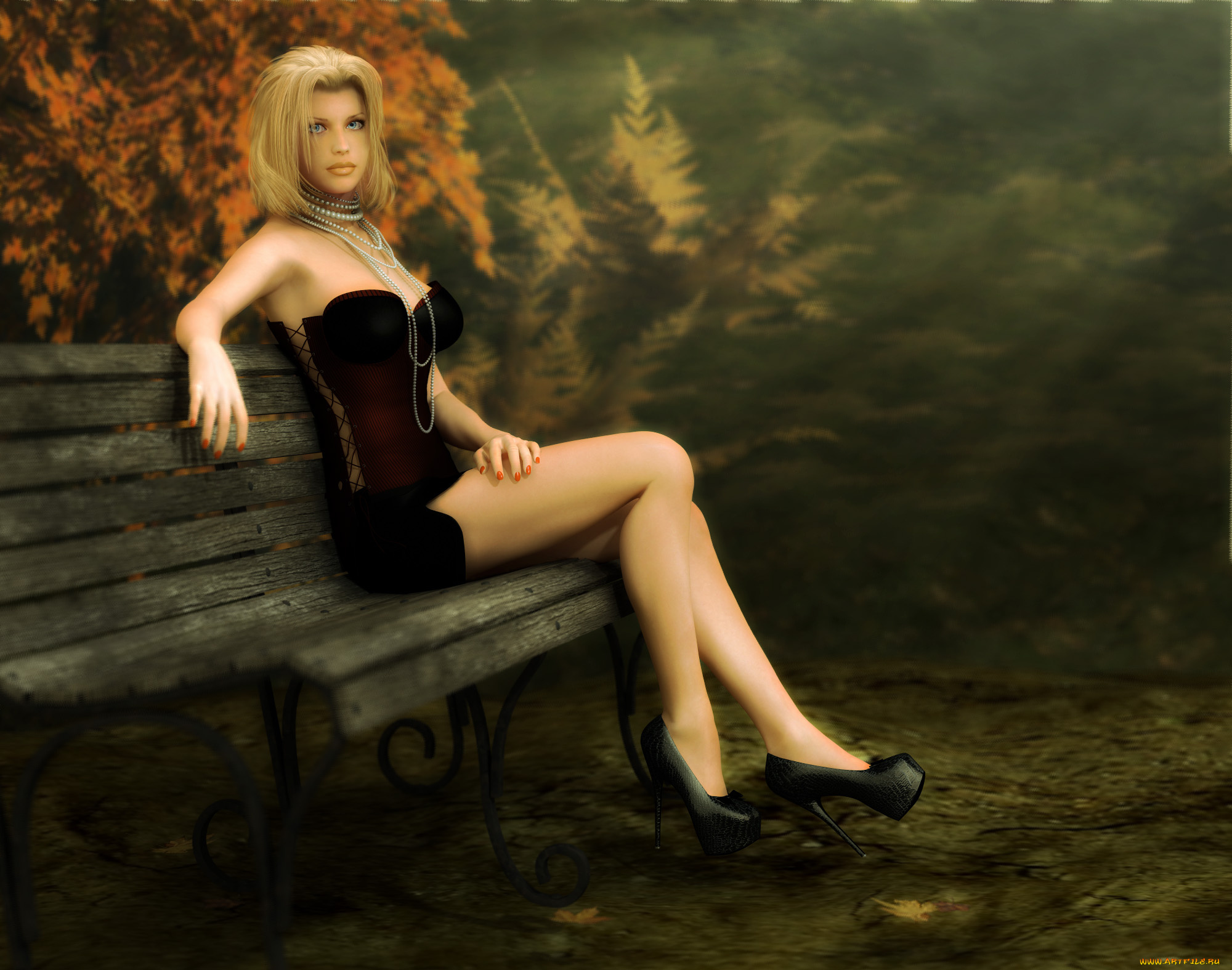 3д, графика, people, люди, скамейка, взгляд, парк, девушка