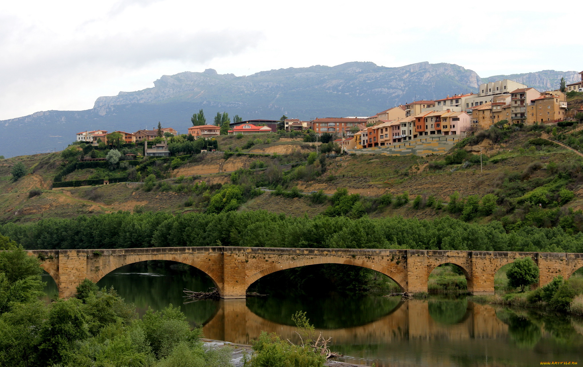 la, rioja, испания, города, мосты, река, дома, горы, мост
