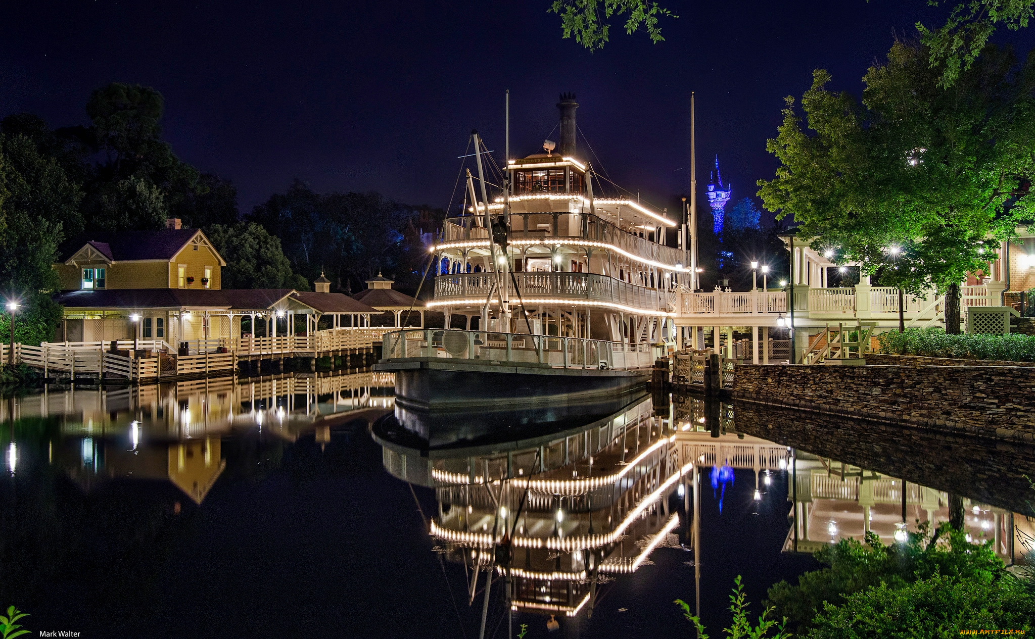 корабли, пароходы, фонари, пароход, дома, пристань, ночь, река