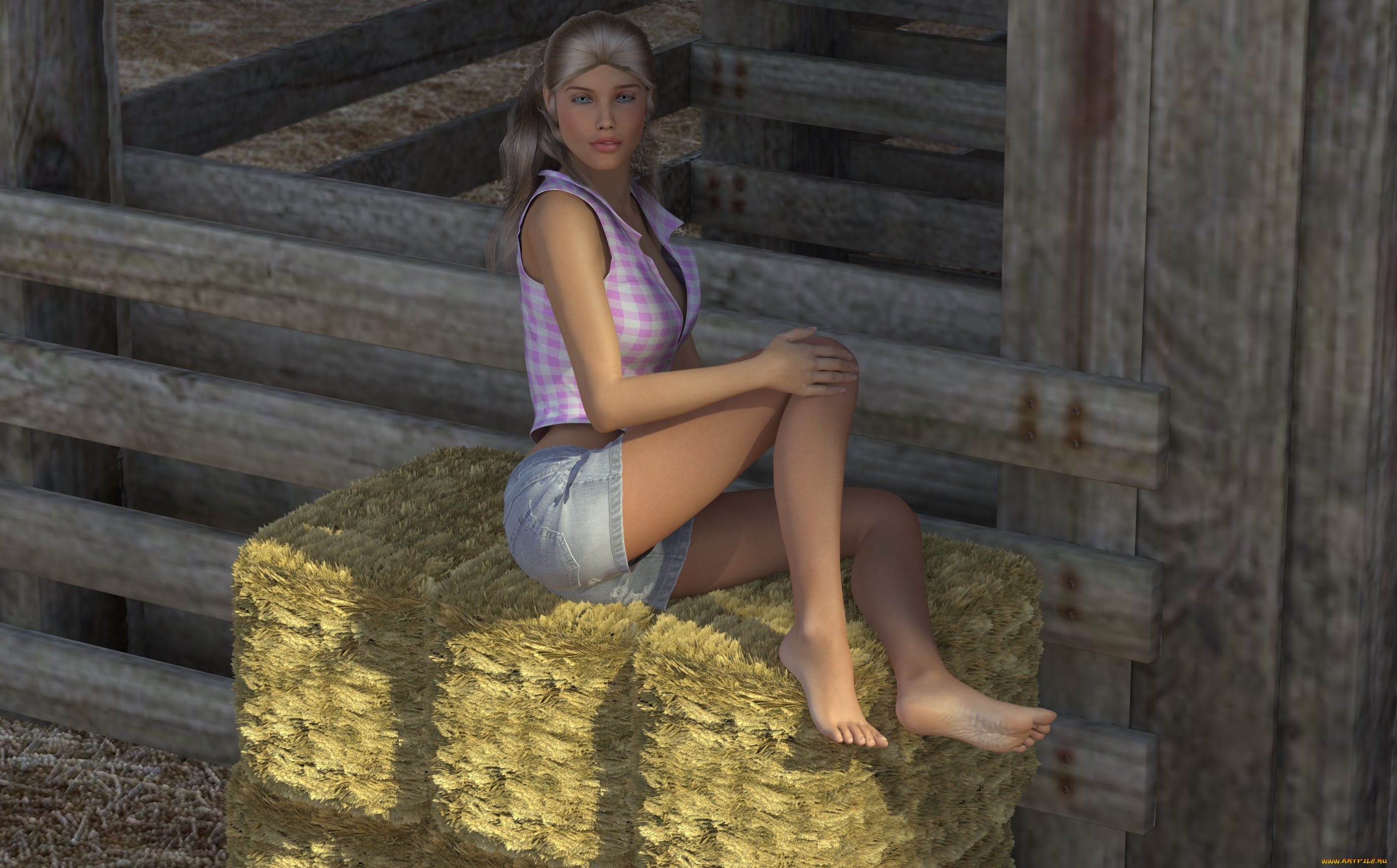 3д, графика, people, люди, девушка, взгляд, сено