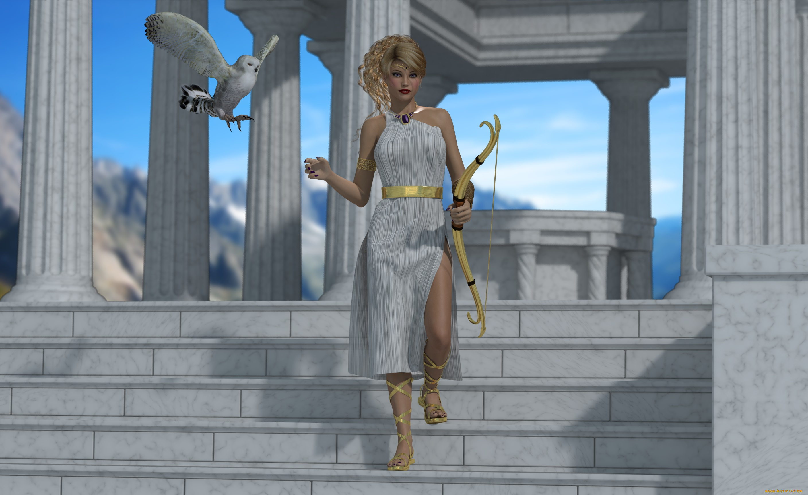 3д, графика, people, люди, лесница, девушка, лук, сова