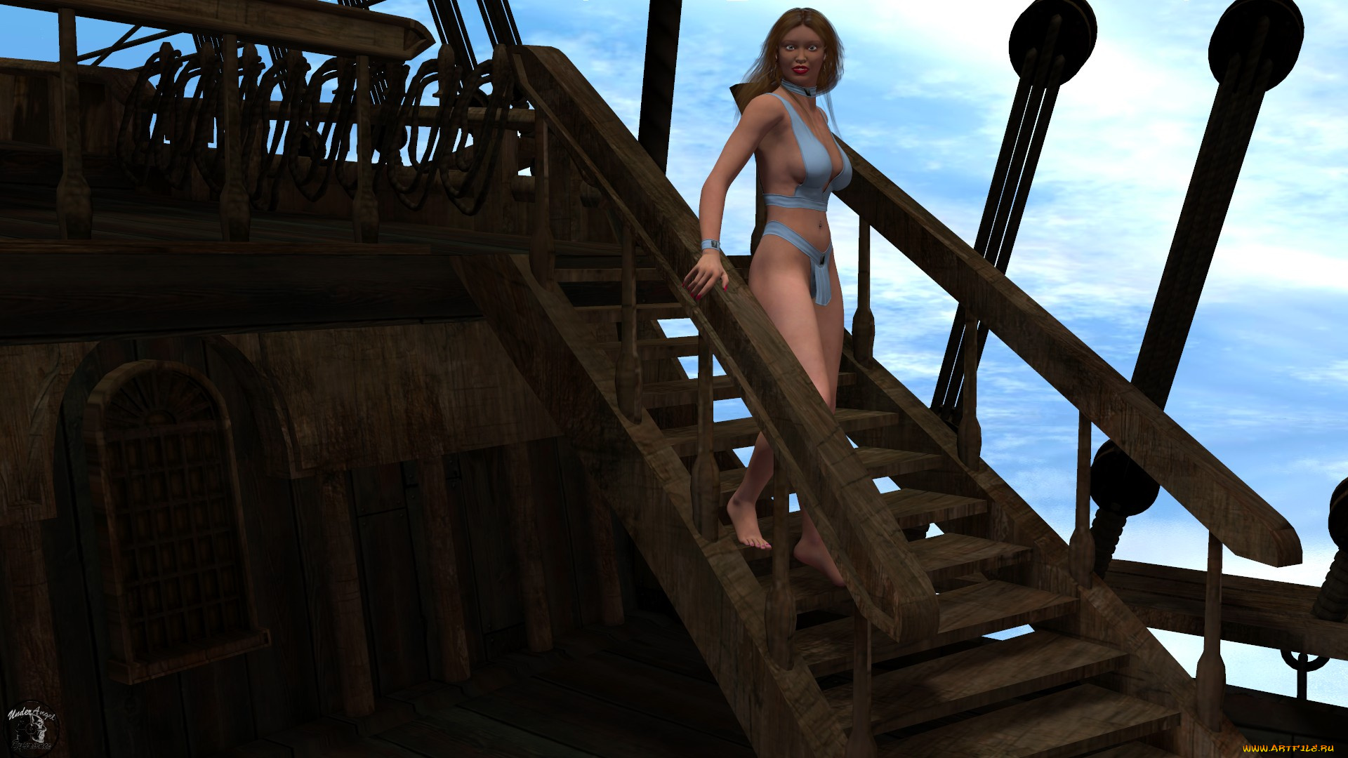 3д, графика, люди, , people, девушка, взгляд, бикини, небо, лестница, парусник