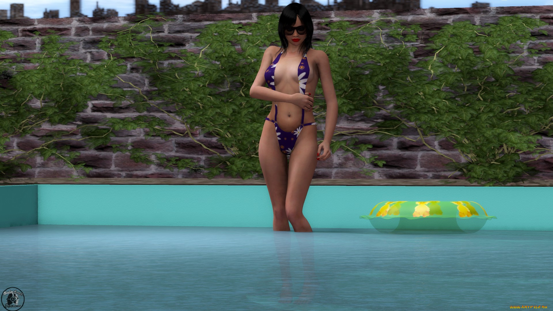 3д, графика, люди, , people, девушка, взгляд, бикини, бассейн, стена, растение, круг