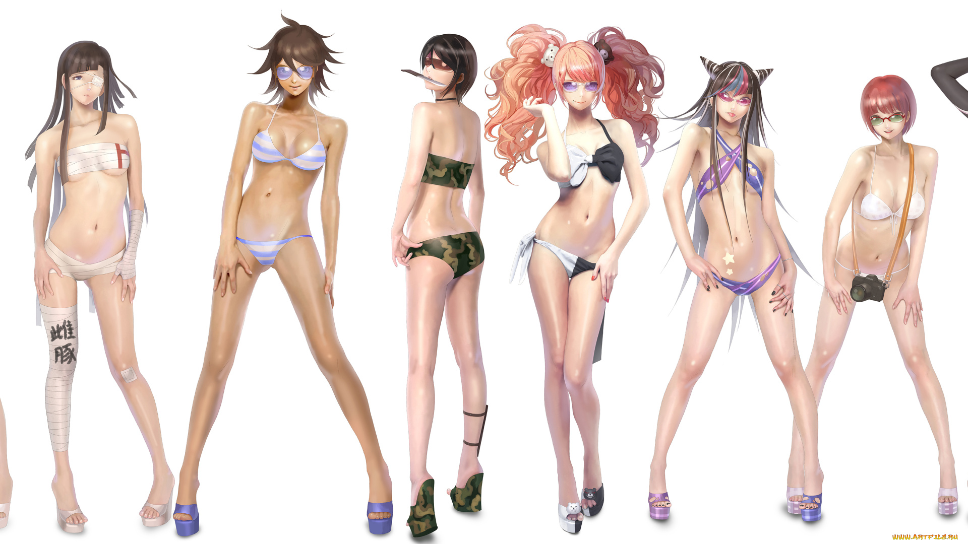 аниме, danganronpa, повязка, mioda, ibuki, меч, бинты, медведь, tsumiki, mikan, nyarko, nanami, chiaki, monokuma, enoshima, junko, owari, akane, koizumi, mahiru, sonia, nevermind, pekoyama, peko, нож, фотоаппарат, ikusaba, mukuro, купальник, девушки