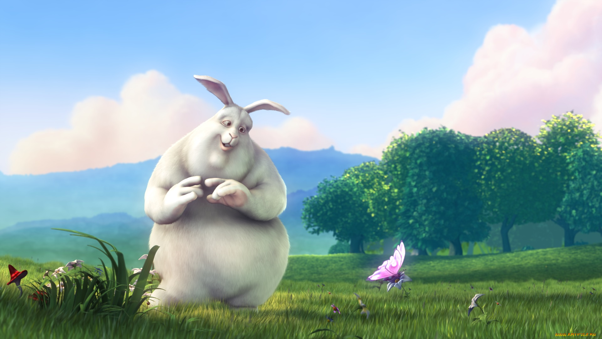 big, buck, bunny, мультфильмы, -, big, buck, bunny, горы, лес, бабочки, поляна, кролик