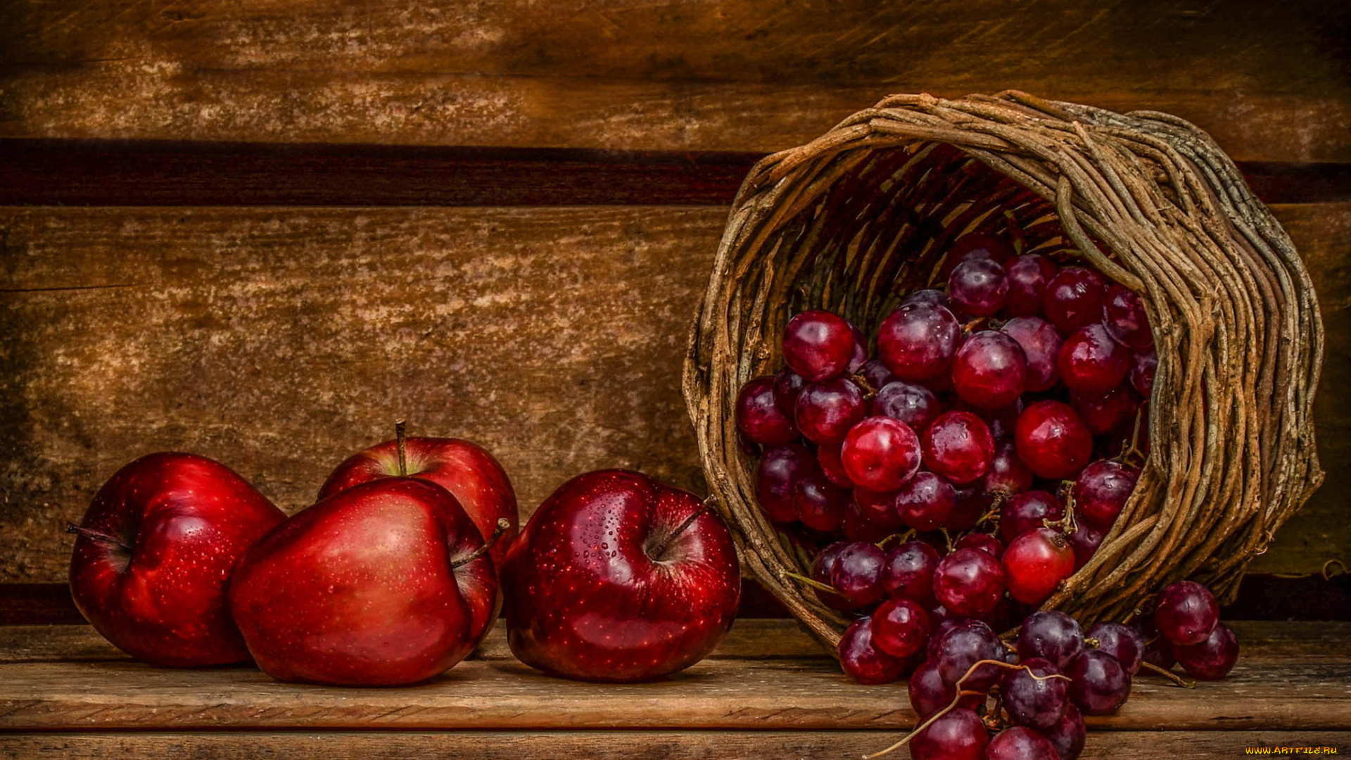 еда, фрукты, , ягоды, виноград, яблоки, корзина
