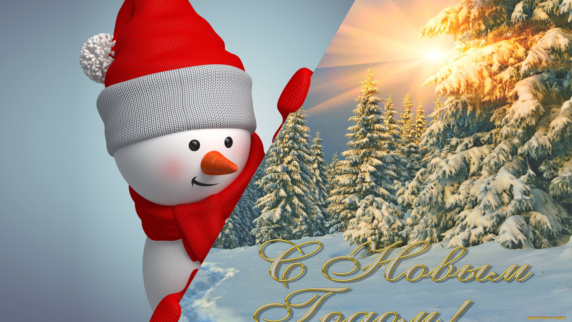 праздничные, -, разное, , новый, год, снеговин, закат, снег, ели