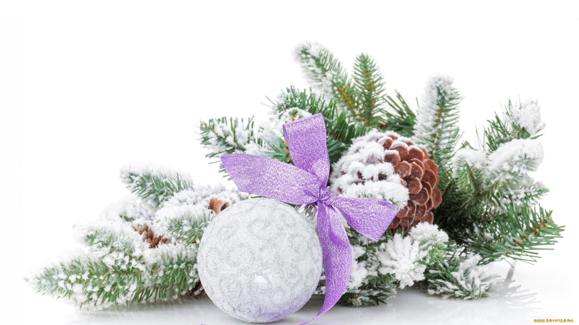 праздничные, украшения, ветка, новый, год, christmas, шишка, бант, шар, рождество, снег