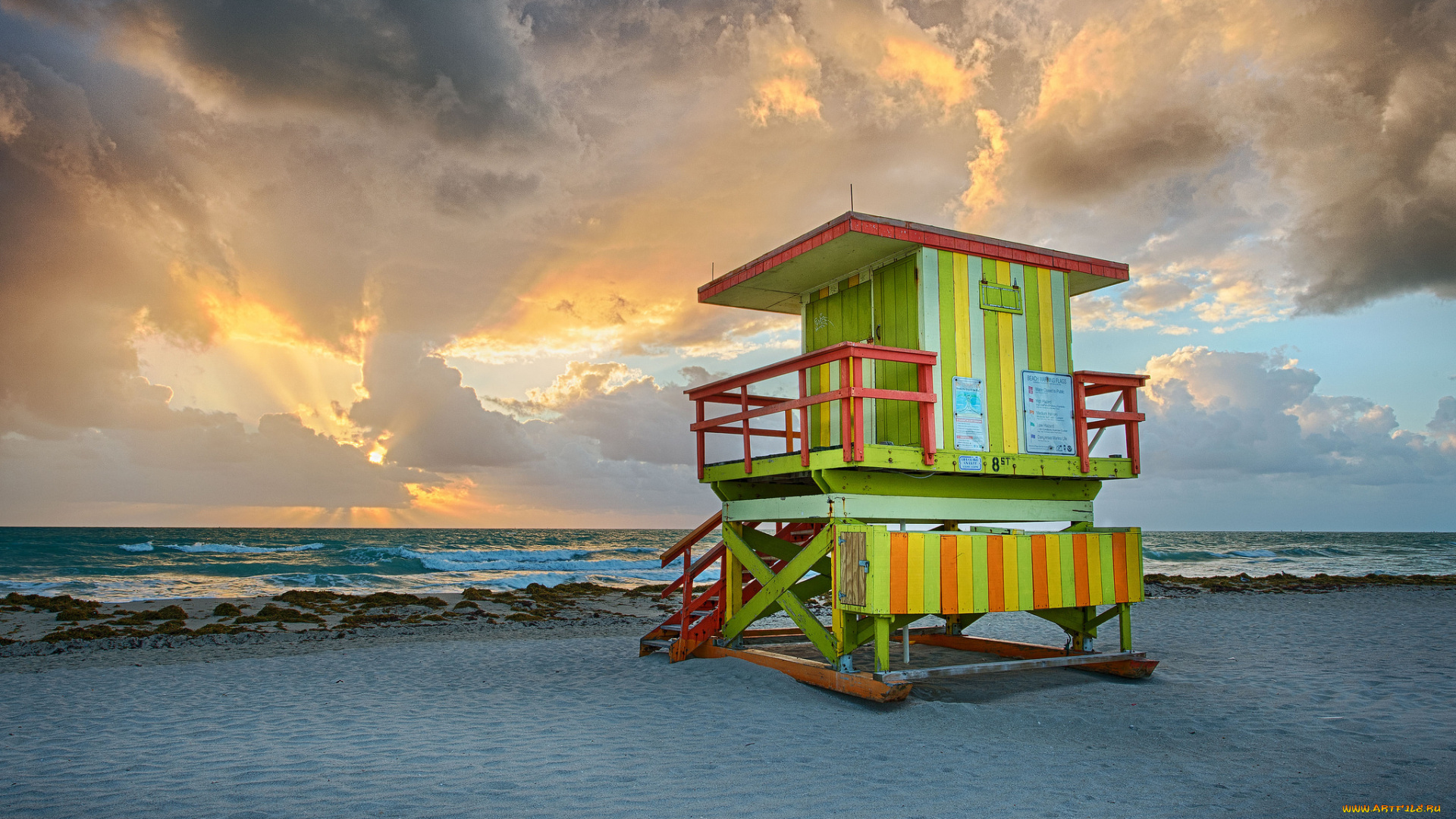 природа, побережье, океан, будка, тучи, пляж