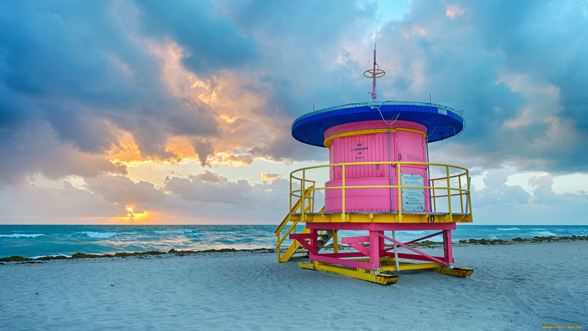 природа, побережье, океан, пляж, будка, тучи