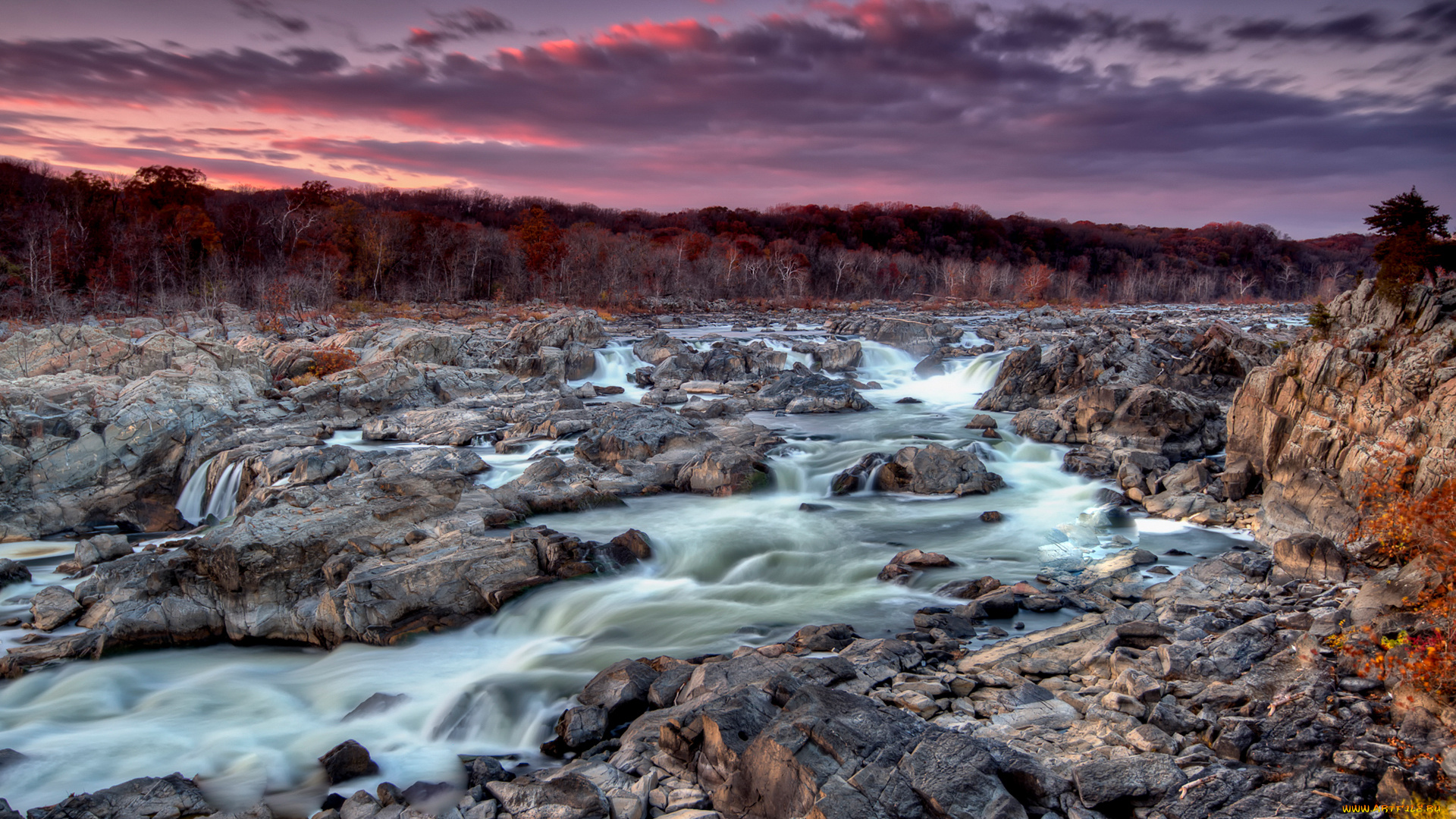 природа, реки, озера, облака, небо, камни, река, деревья, закат