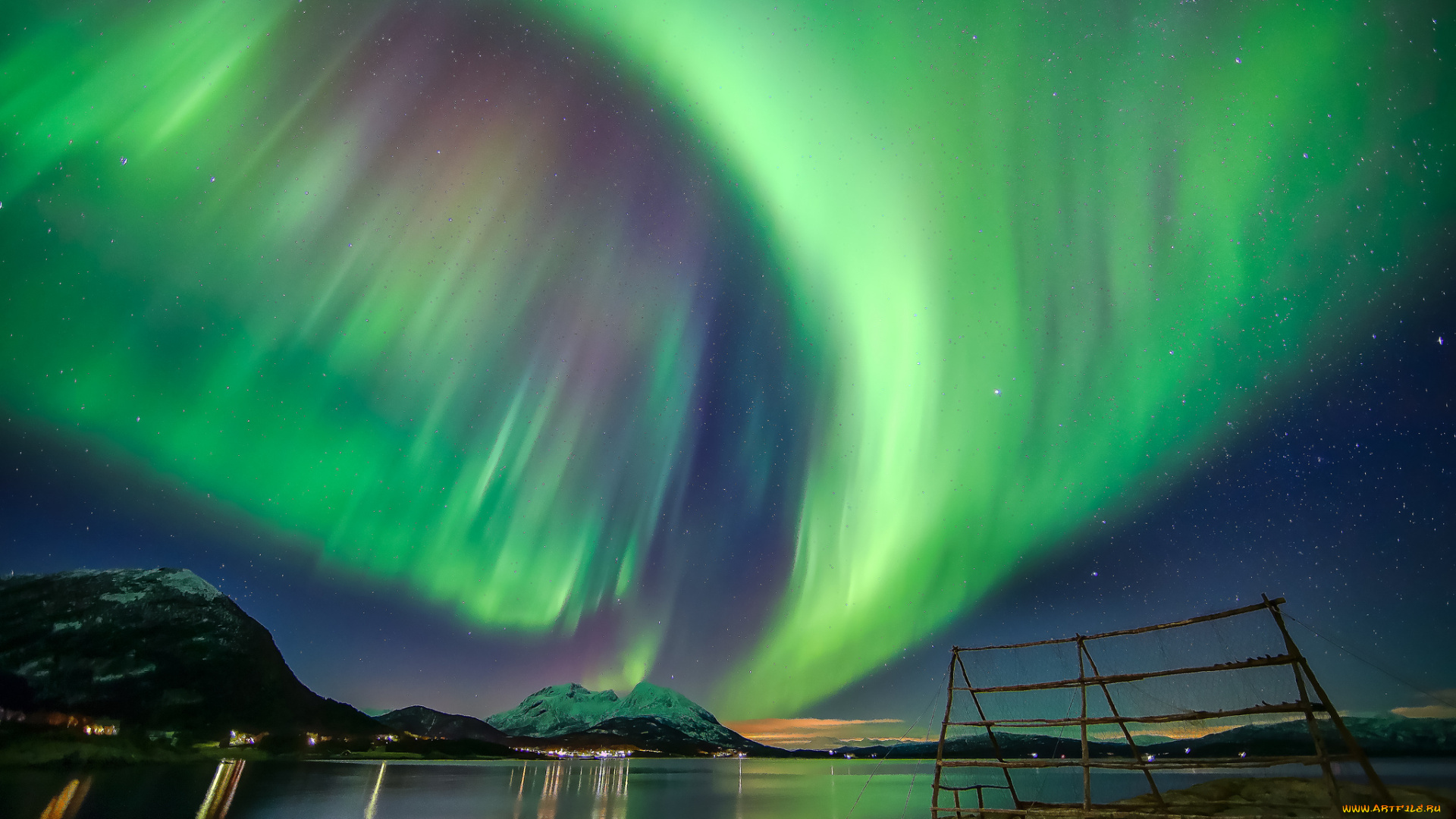 природа, северное, сияние, небо, звезды, горы, ночь, озеро