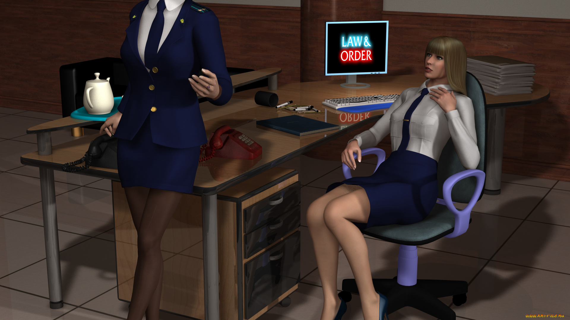 she, wolf, 3д, графика, фантазия, , fantasy, компьютер, фон, стол, чайникразговор, телефон, взгляд, девушки, стуля, книги